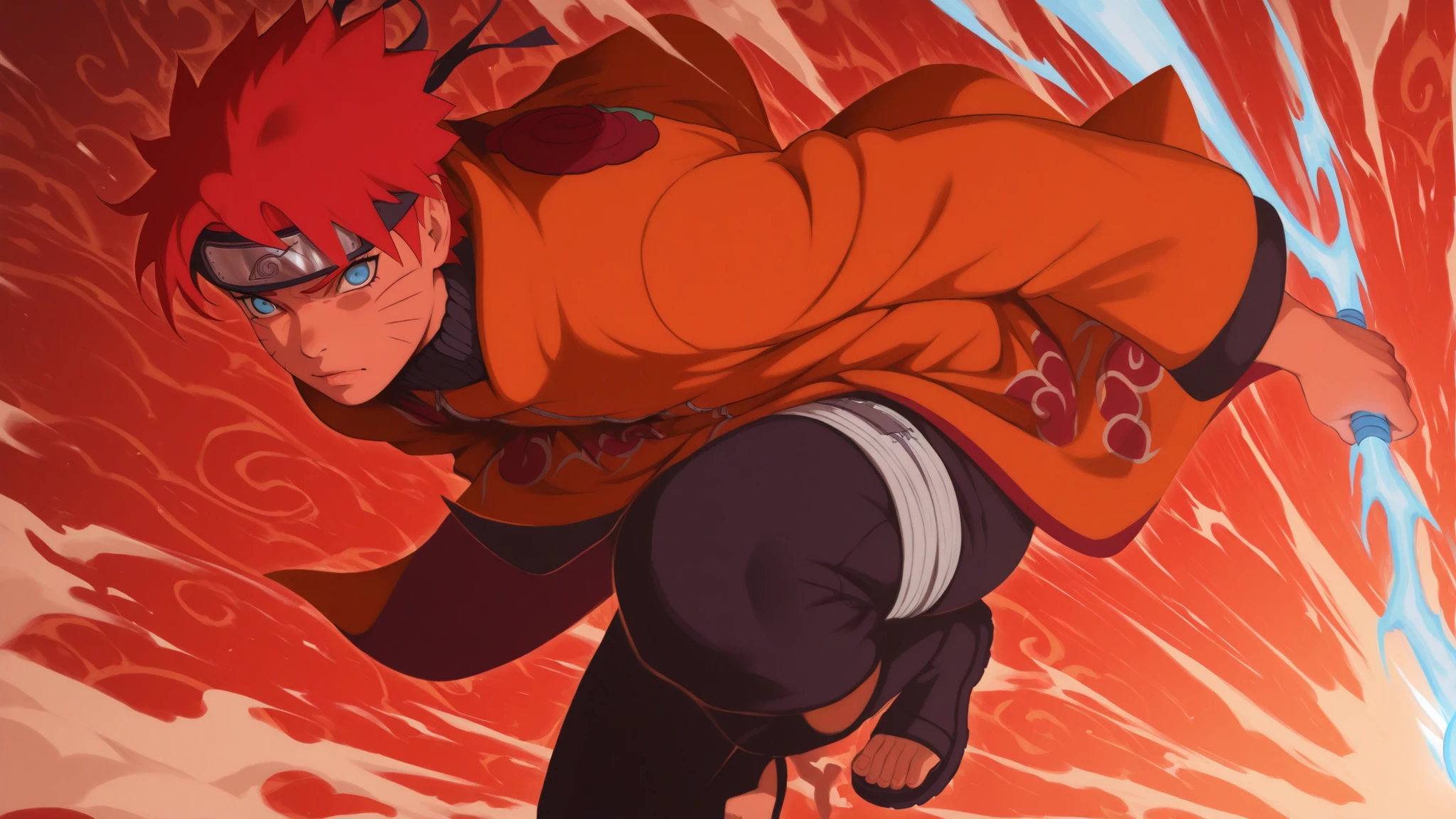 flat color, WaifuDiffusionStyle, neutral background, white splash stylized outline background, 1boy, ((uzumaki_naruto)), whisker_marks, red_hair, blue_eyes, stern_expression, orange_robe, brocade_patterns, wide_sleeves, high_collar, ornate_belt, crimson_gems, leather_boots, tall_stature, confident_stance, windswept_hair, stylized_art, warm_soft_lighting, holding huge blue rasengan of energy