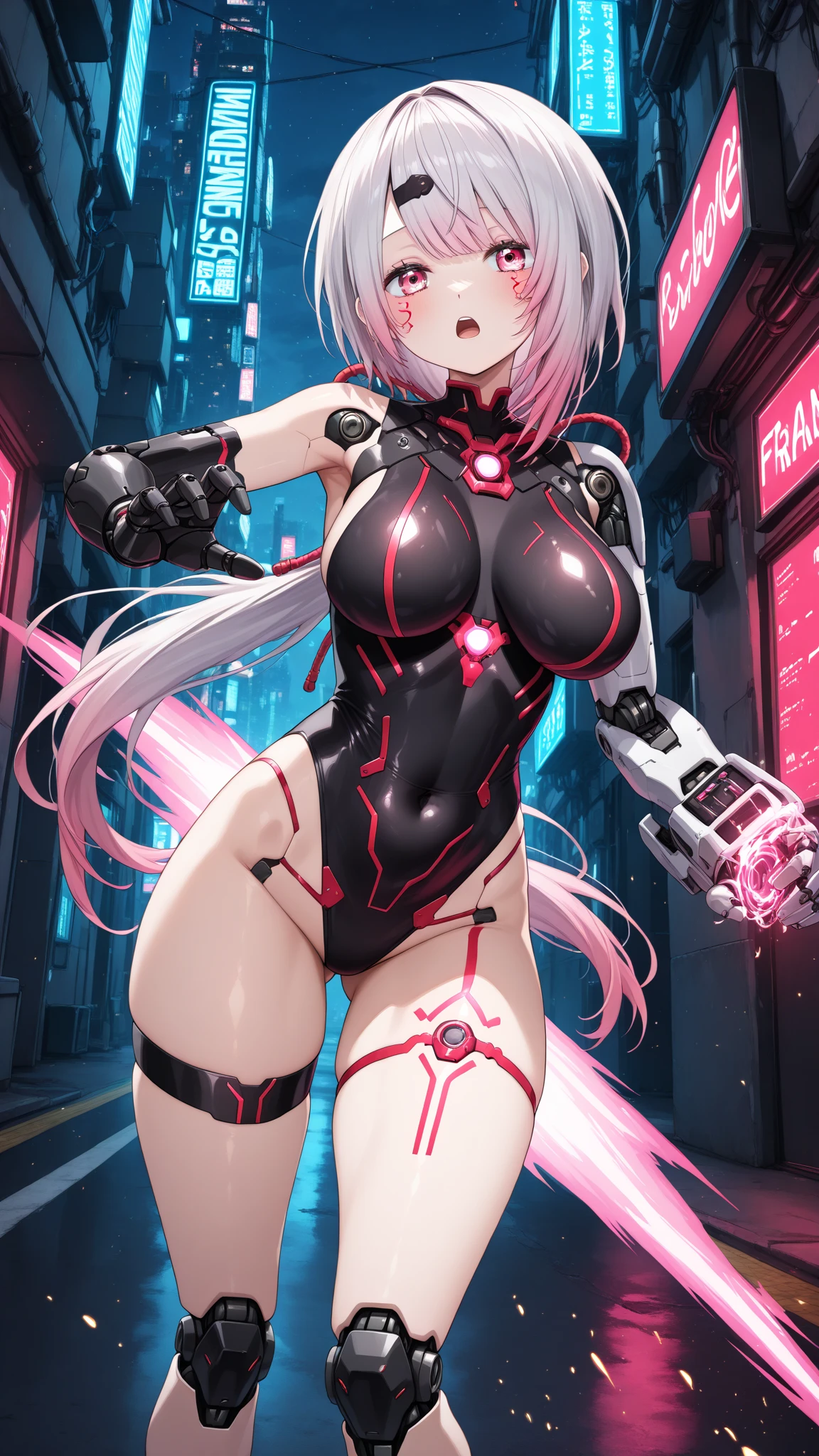 (RAW photo, best quality, masterpiece:1.2), (realistic, photo-realistic:1.4),(masterpiece:1.4),(best quality:1.4), ((sexy cute Japanese cyberpunk catgirl)), ((slender body)), big breasts, :d, (bangs), blush, ((colorful body harness)), ((dynamic pose)), (cowboy shot), (((cyberpunk city streets background))), hair intakes, ((shapeless long hair)), glowing neon accents, looking at viewer, sidelocks, smile, (((thigh gap))), thighs, twintails, very long hair, multicolor hair, alice \(nikke\),(shiny skin),realistic.