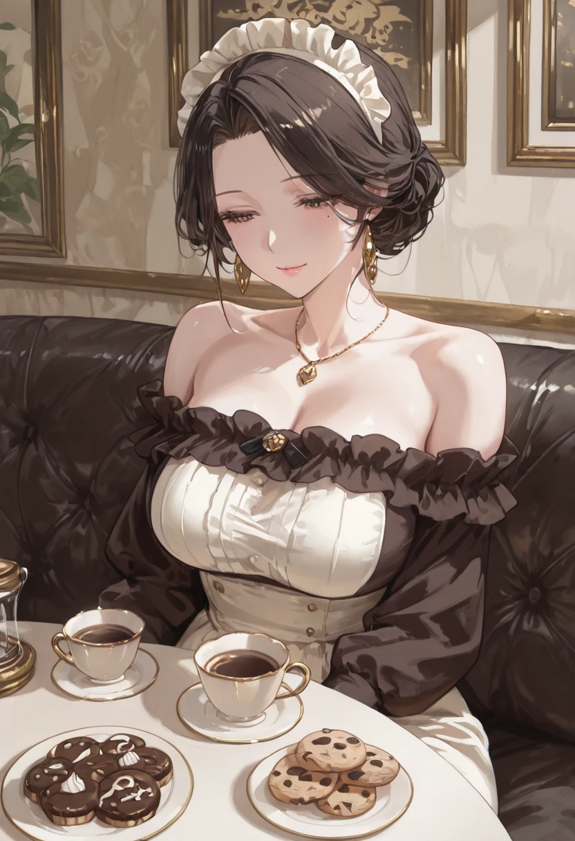 (((Masterpiece))),(((Super Detail))),(((in 8K))),(((best composition))),(((Rim lighting,Fireglow effect,deep shadow))),solo),Beautiful fingers,Detailed finger features,(Detailed hair features:1.7),(Dynamic and sexy bending pose:1.3),detailed facial features,detailed clothes features, (perky chest:1.1), (pointed chest:1.3), delicate beautiful face, Bright blue eyes, cute eyes, sparkling eyes, Big eyes, beautiful detailed eyes,double bun with glittering hair ornament:0.6,(super detailed glossy skin:1.3),slender body,goddess smile,((with sparkling eyes and a contagious smile)),beautiful posture,have a cup of coffee,black hair, red eyes, dress, bare shoulders, jewelry, collarbone, sidelocks, hairband, earrings, indoors, off shoulder, sweater, arms behind back, plant, short hair with long locks, white hairband, off-shoulder dress, sweater dress, off-shoulder sweater, red sweater, big side hair, very long side hair,(super delicate floral pattern:1.2),seductive cleavage:1.3,beautiful glossy legs,shiny red high heels,lifting dishes with cakesd,french restaurant,hustle and bustle,rising steam,(((depth of fields)))