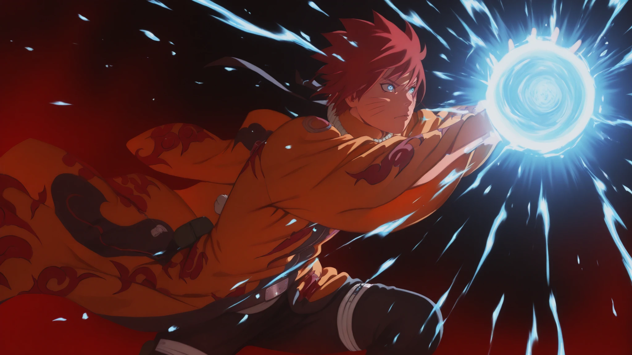 flat color, WaifuDiffusionStyle, neutral background, white splash stylized outline background, 1boy, ((uzumaki_naruto)), whisker_marks, red_hair, blue_eyes, stern_expression, orange_robe, brocade_patterns, wide_sleeves, high_collar, ornate_belt, crimson_gems, leather_boots, tall_stature, confident_stance, windswept_hair, stylized_art, warm_soft_lighting, holding huge blue rasengan of energy 