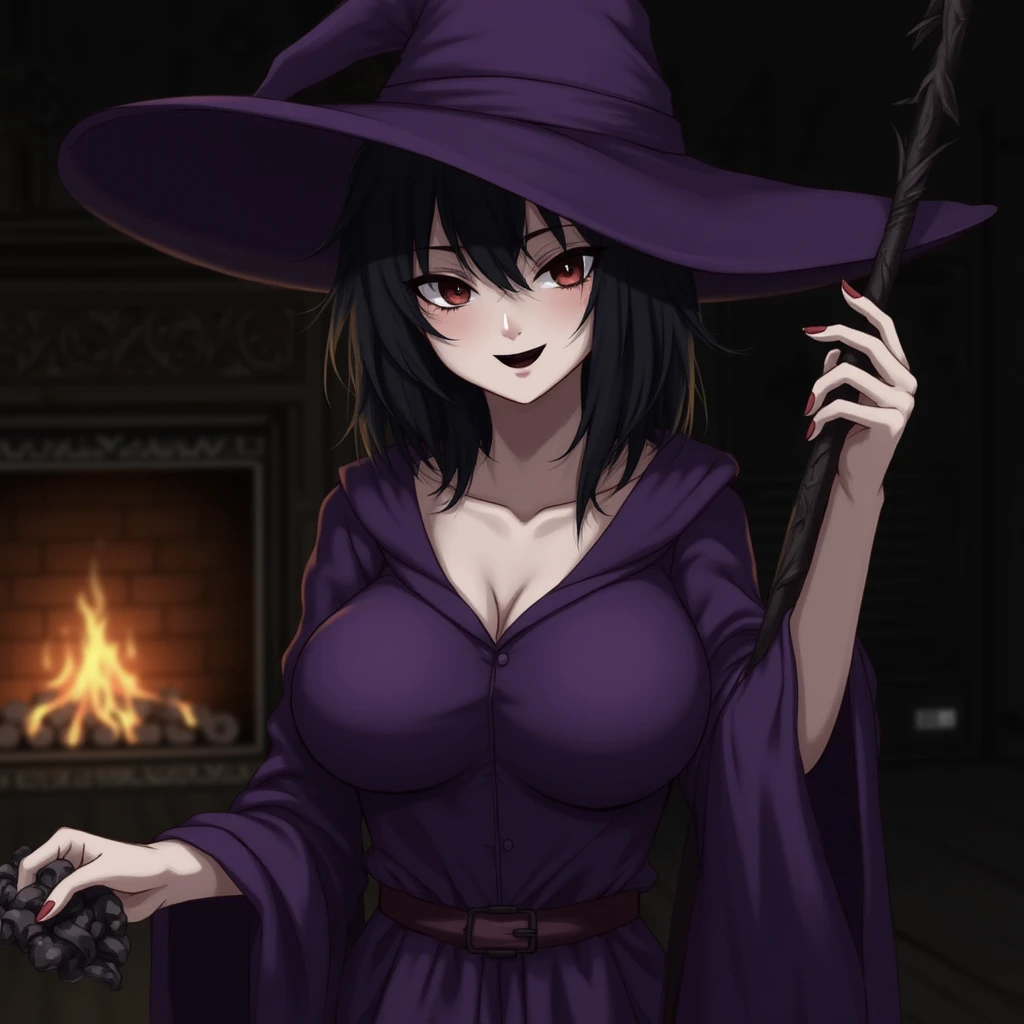 A woman with a long black witch dress, black witch hat, long black hair, red eyes, with flames in her hands, smiling, big breasts.
