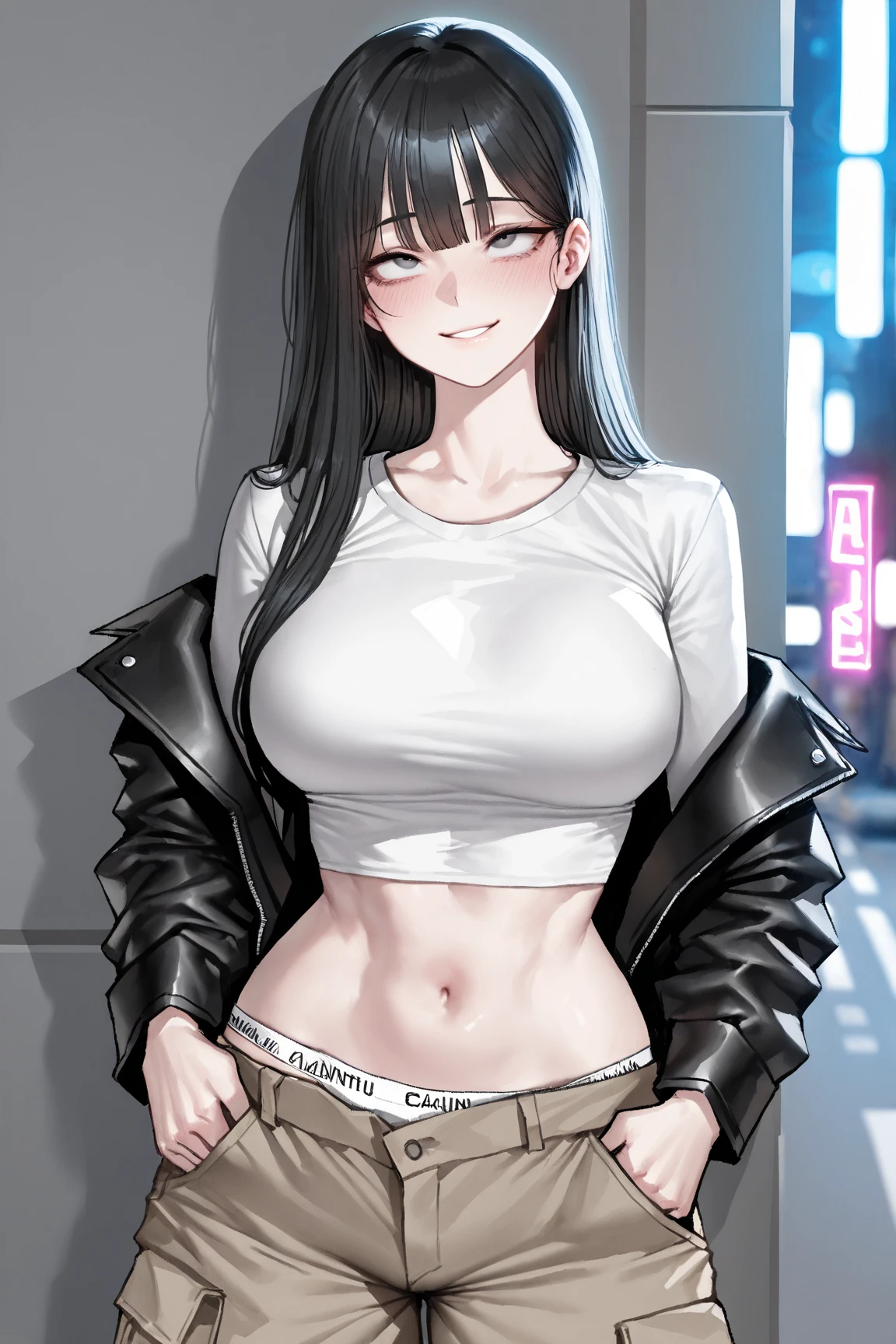 (highres, high quality, best quality:1.3), intricate details, vibrant image, colorful, volumentric lighting, bibleblack, xter, 
YukikoMinase, 1girl, solo, c standing, blush, naughty face, seductive smile, 
[black hair:green hair:25], long hair, lipstick, eyelashes, yellow eyes,  detailed eyes, detailed face, jewelry,
curvy, midriff, navel, large breasts, long hair,, blush, lipstick, Hot girl, baddie, staring, glaring, bad attitude, mean girl, crazy, smoking, sensual, attractive, mall, shopping center,indoors, masterpiece,high quality,4k, shirt, bare shoulder,belly,crop top,holding pistol,cleavage,casual dress,smile, open mouth, evil expression, exposed
belly, exposed navel, exposed midriff, exposed lower belly, crop top overhang, underboob,jacket,
unbuttoned jeans , low rise black jeans, Low rise jeans, Low rise jeans with open fly