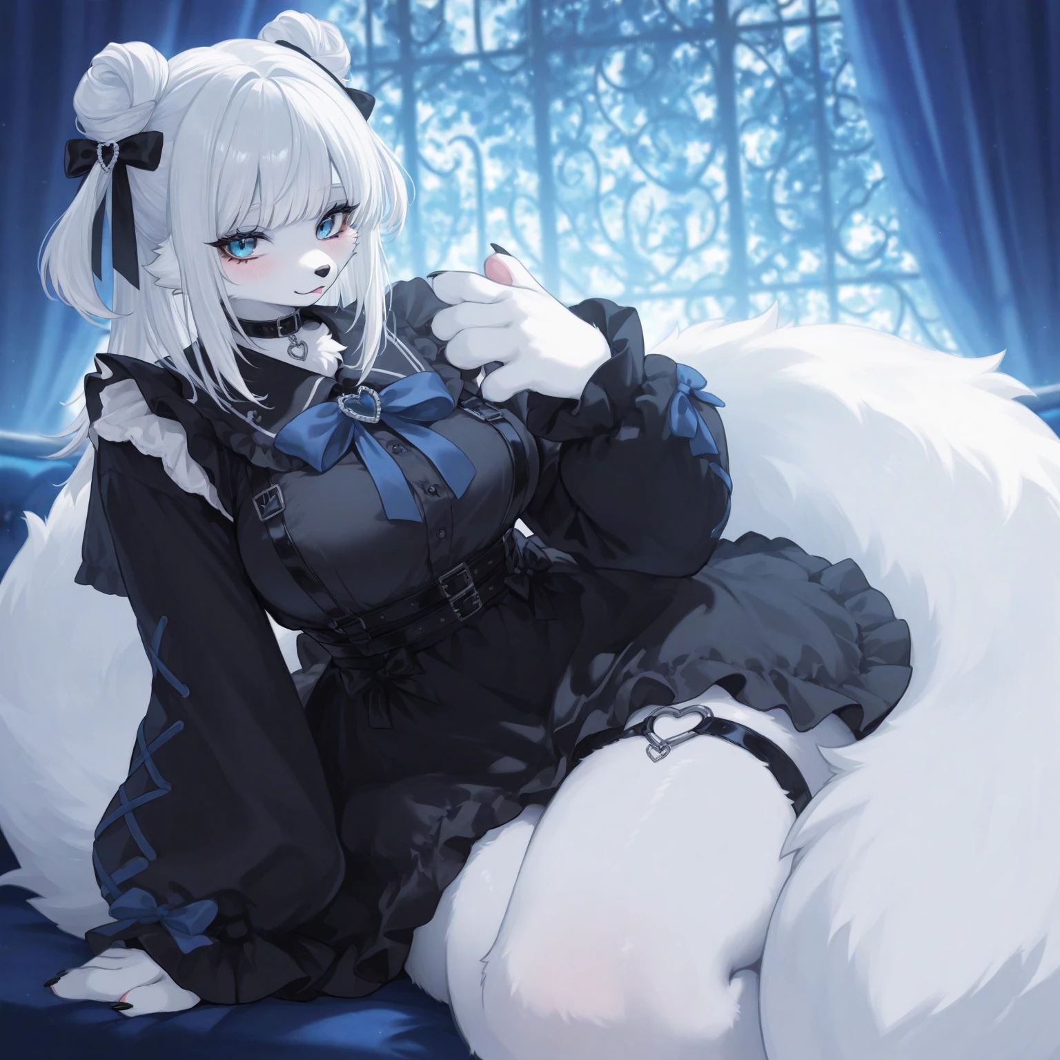 hairy,hairy的,black scales,dragon,maid,Hermaphroditic,Hermaphrodites,dragon角,cyan eyes,white hair,maid装,Shy
