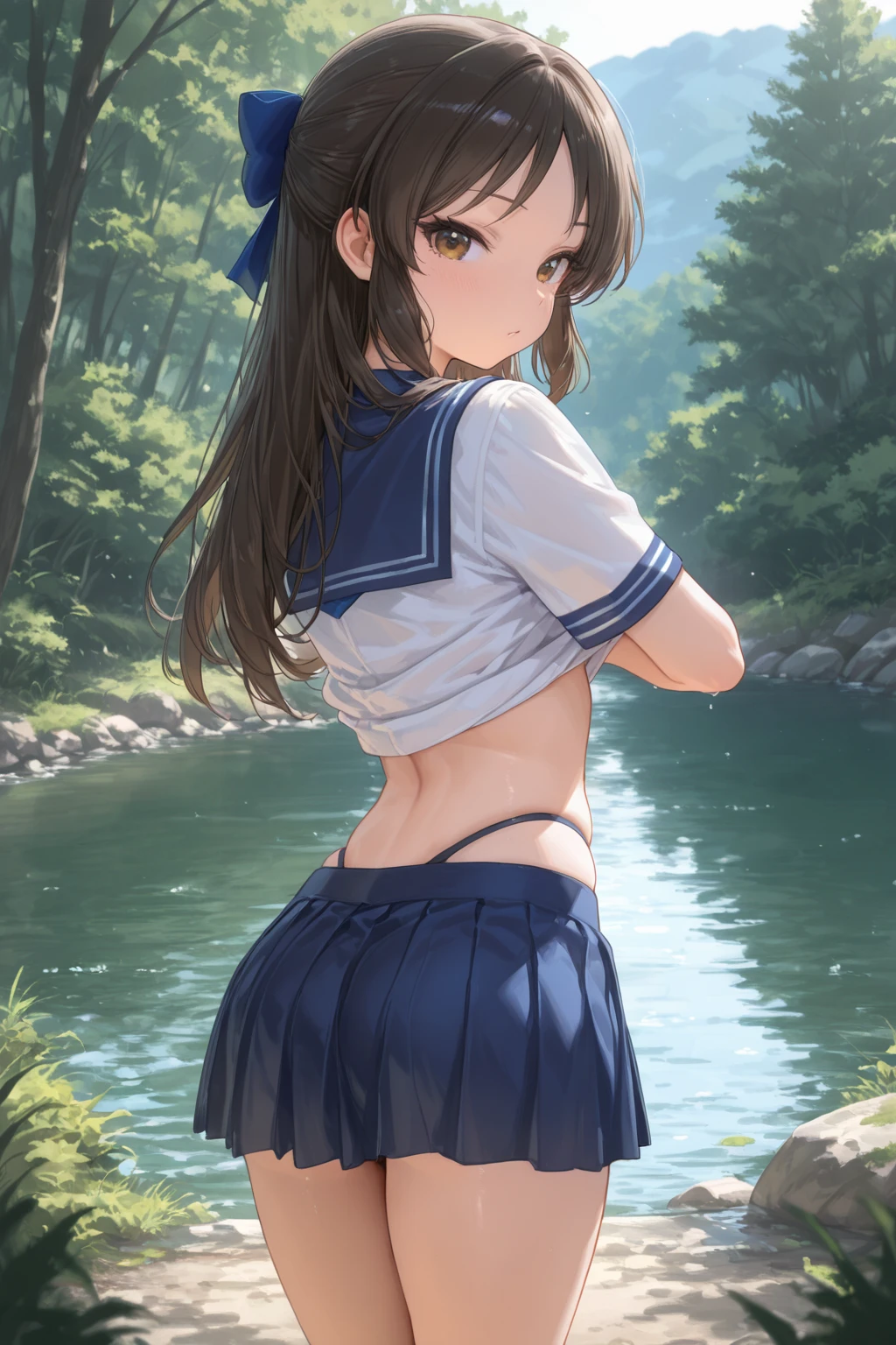 Portrait of a pretty woman in a bright and windy field, river, (Backlight), Realistic, masterpiece, Highest quality, Lens flare, shade, bloom, [[chromatic aberration]], Jeremy Lipking, Antonio J.. Manzanado, Digital Painting, Style - Glass Final, Natural skin texture，Black Hair，The ultimate beauty，high school girl ，16 years old、Brown hair ponytail，French kiss, barefoot，Underwear visible，Fingers in the crotch，Small breasts，Small Ass，Beautiful profile，Clear body，Defined nose，Anatomically correct limbs