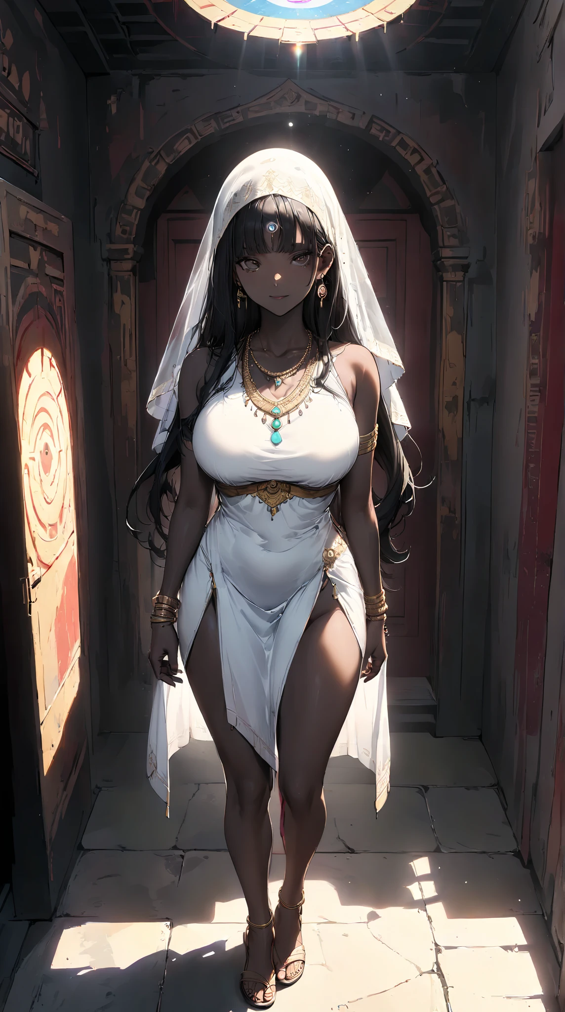 White long hair, dark skin, red eyes, big breasts, gold headdress, gold jewelry, gold necklace, gems, diamond cleavage, white Persian clothing, sandals, standing palace, white roses