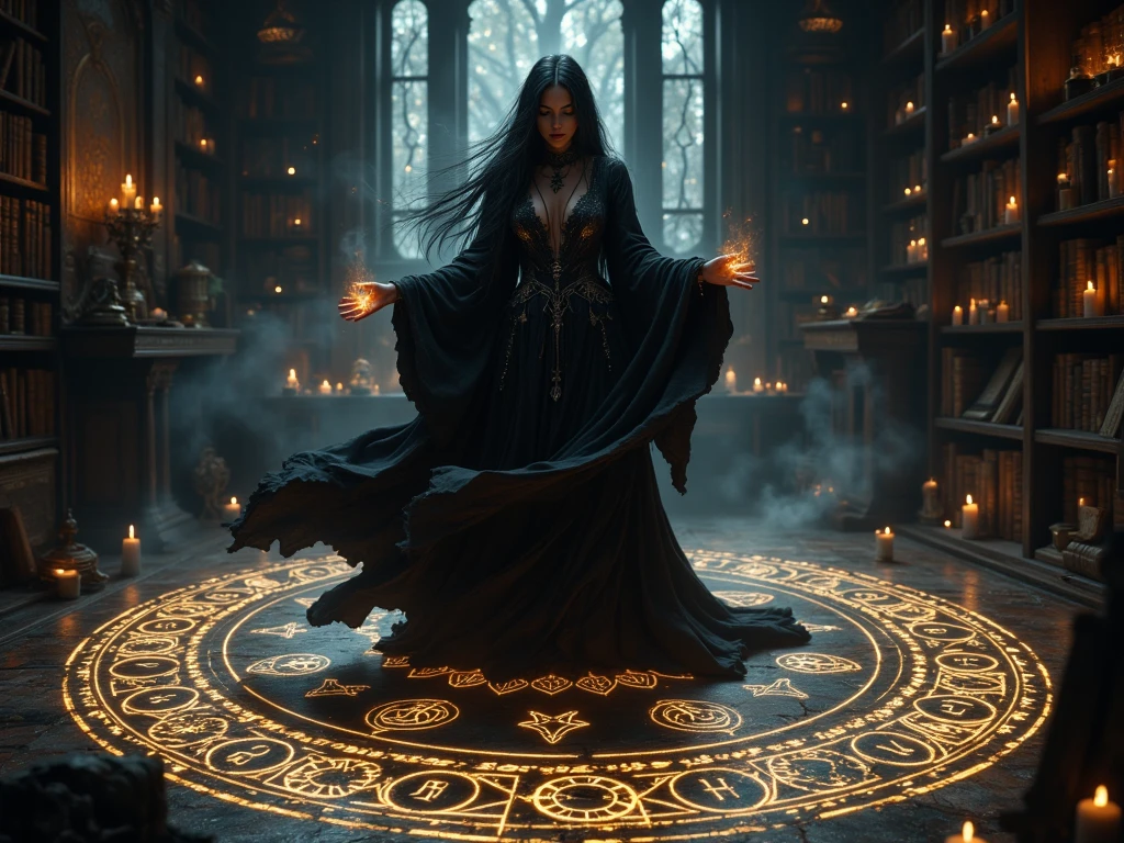 Fantasy digital art featuring a majestic female figure sitting on a dark throne, intricately designed with gothic elements. The subject has long, flowing silver hair, fair skin, and striking facial features with a confident expression. She wears a dark, elaborate dress with a plunging neckline and a silver pendant. A crown with sharp metallic spikes adorns its head, and a mystical purple aura emanates from behind it, adding a magical atmosphere. The background is dimly lit, with suggestions of an ancient ruined castle and bright red torches flanking the throne. epic fantasy art style hd, fantasy art 4k, fantasy art style, epic fantasy art style, epic fantasy digital art style,dark fantasy, 8K fantasy art