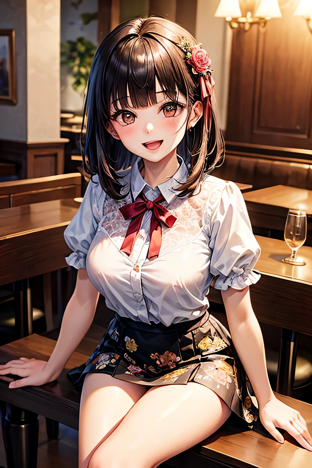(A white short-sleeved dress with a round collar and small buttons in the front:1.5)、(night:1.5)、(White micro mini skirt:1.5)、(Black ribbon around neck)、(Leather Belt)、((Long straight purple hair that reaches down to the waist))、(Big red eyes)、(Closed front button)、、restaurant、Small Nose、Big Mouth、round face、(Big Tits:1.4)、anime、highest quality、High resolution、Thin and transparent nipples、1 person、Sitting on a wooden chair、(Wide-open legs)、(A small button is undone, revealing a deep cleavage)、Moist eyes
