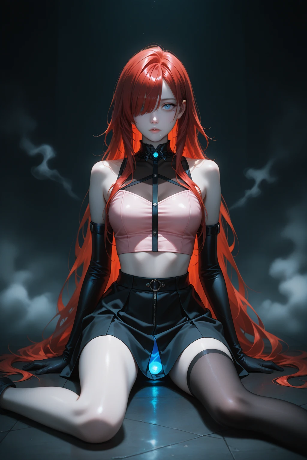 anime girl with red hair and black top posing in front of a waterfall, rendered in sfm, glowing crimson head, photorealistic anime girl render, she has red hair, asuka suit under clothes!, with red hair, anime styled 3d, erza scarlet as a real person, ( ( ( ( 3 d render ) ) ) ), red glowing hair