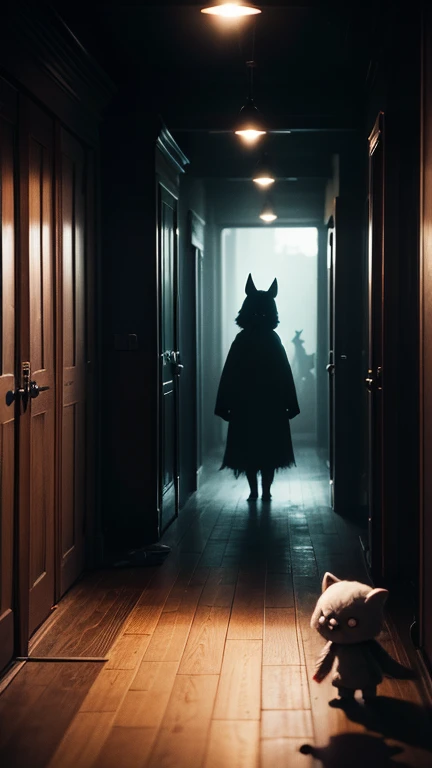 (by Andy Warhol, by Jordan Grimmer), solo anthro female (scp-1471:1.25), black fur, fluffy, three-quarter view, portrait, white eyes, glowing eyes, foggy, science fiction, the backrooms, hallway, dark, smoke, door, detailed background, foreground, depth of field, ambient silhouette