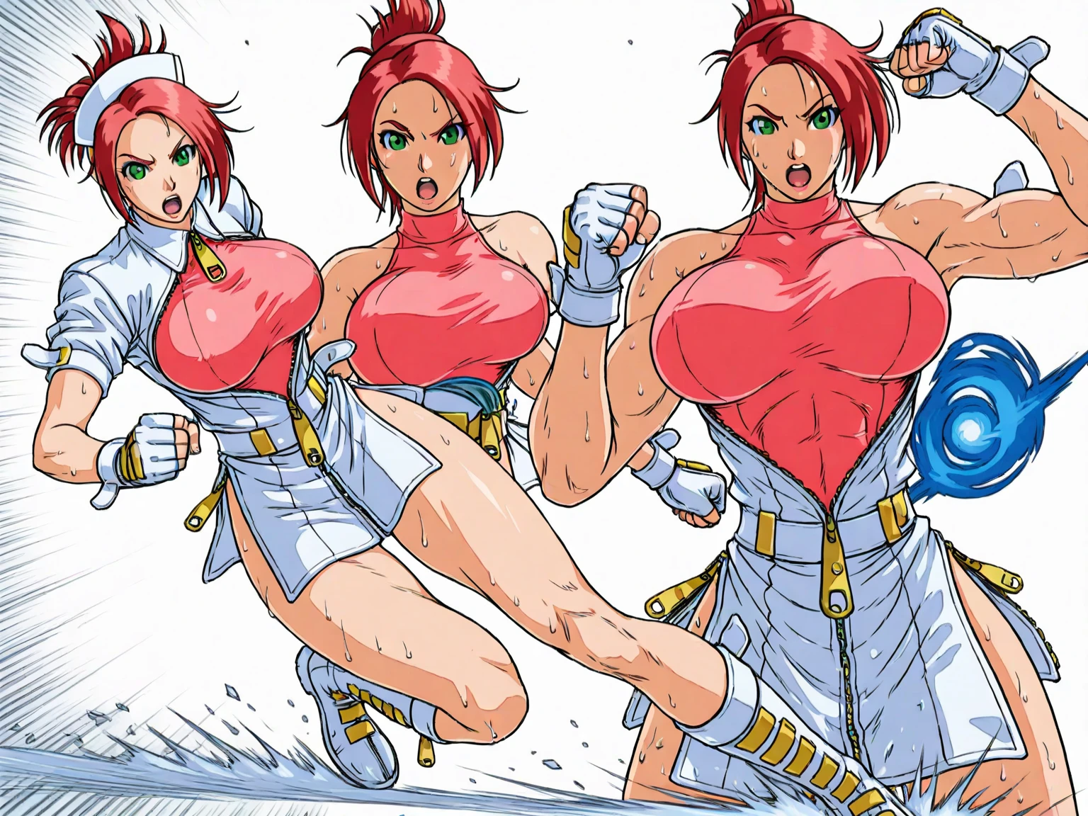 retro artpainting style, 1990s (painting style)、(In 4K)、(High definition:1.2)、(High freshness)、Mai Shiranuipainting style、(Full body Esbian:1.2)、excited、((short hair:1.2))、open your mouth and smile、(((Two women showing off their muscles:1.4)))、((Not naked:1.2))、skindantation、 (toned chest:1.6)、((Tight school uniform:1.8))、(perfect body:1.8)、wide hips, thick thighs, huge ass、skin dentation、(super muscular woman:1.2)、(barefoot:1.2)、(amazing abs:1.4)、(constriction:1.2)