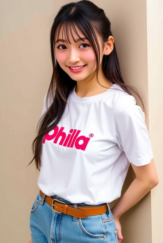 ollarbone,pastel colors t-shirt,off-shoulder look,bare shoulder,midriff peek,string panties,open mouth,tongue out,cum on tongue,stand,flont view,cowboy shot,Hands Behind Back,eye-level shot,(1girl,Beautiful 14 year old girl),((Slender,Small breasts,Small face,)),looking at viewer,Black Hair,bangs,one side up,Beautiful and detailed,Mischievous smile,Dimly lit room,Simple Background,Black background,Low lighting