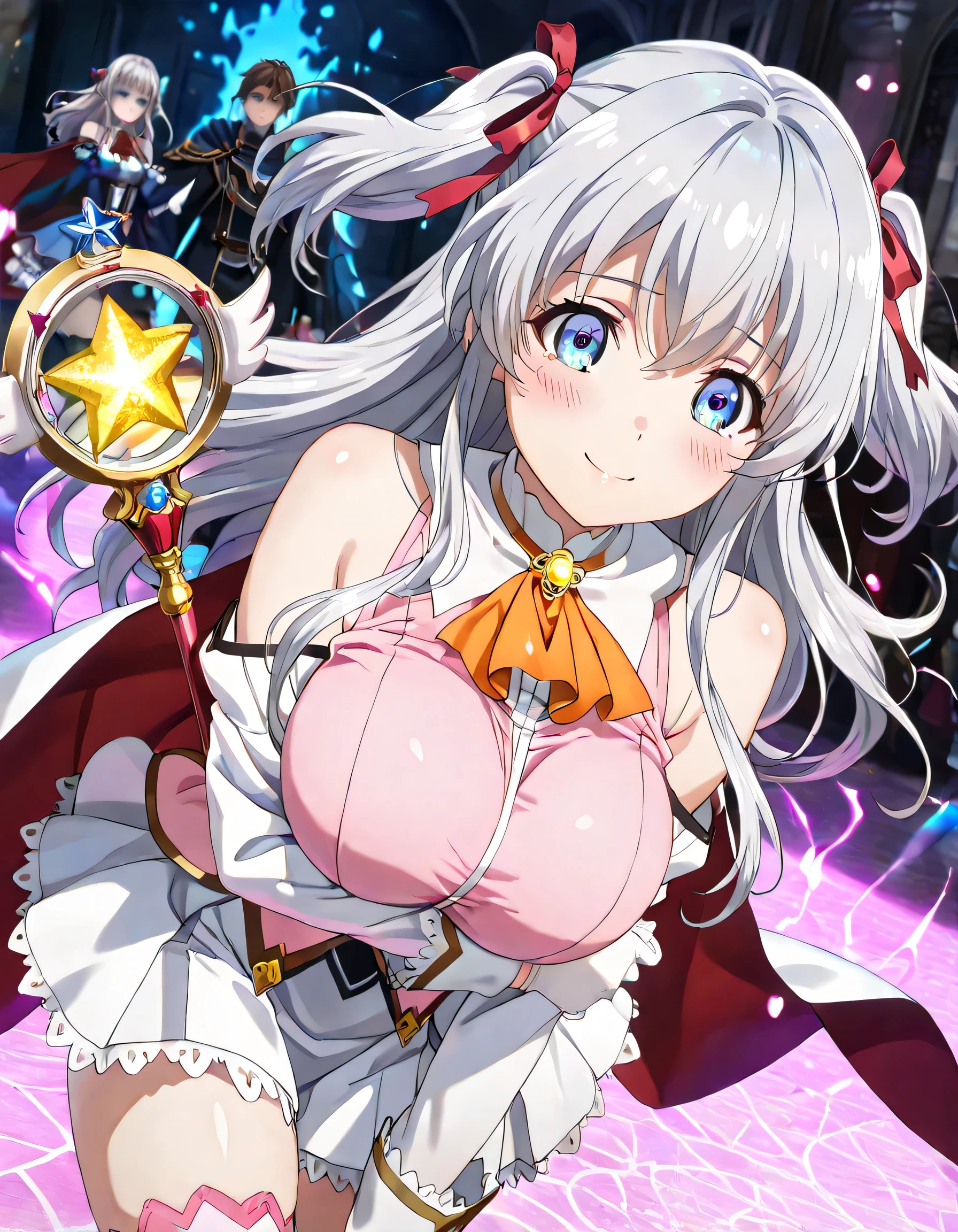 ((ultra-detailed)), (highly detailed CG illustration), (best quality:1.2), ultra-highly detailed, colorful composition, artistic photoshoot, 1girl, solo focus, upper body, moe anime character, girl, dainty facial structure, babyface, round face, rounded chin, celia-default, celia claire, blue eyes:1.3, sagging eyes:1.3, silver hair:1.3, long hair, two side up, hair ribbon with pink, ample breasts, bare shoulders, magical girl, cape, orange ascot, pink shirt, sleeveless, detached sleeves, white gloves, white skirt, pink thighhighs one hand holds decorated single magic short wand:1.2, Magic:1.2, magic light trail on wield wand, gentle smile:1.2, blush:1.2, cowboy_shot, dynamic_angle, dynamic_pose, night background, abstract background, (glowing aura), (fighting in fantasy), expecting, pink cheek, pink gloss slip, portrait, depth of field, lighting, sidelighting, (shine), lighting, caustics, ray tracing, lustrous skin, highly detailed face, highly detailed eyes, perfect nose, perfect anatomy, beautiful hair, beautiful small face, beautiful detailed eyes, beautiful clavicle, beautiful body, beautiful ample breasts, leavage, breasts squeezed together, beautiful thin thighs, beautiful legs, beautiful fingers, lovely, (very detailed background:1.0), (highly detailed background:1.0), intricate details, chromatic aberration