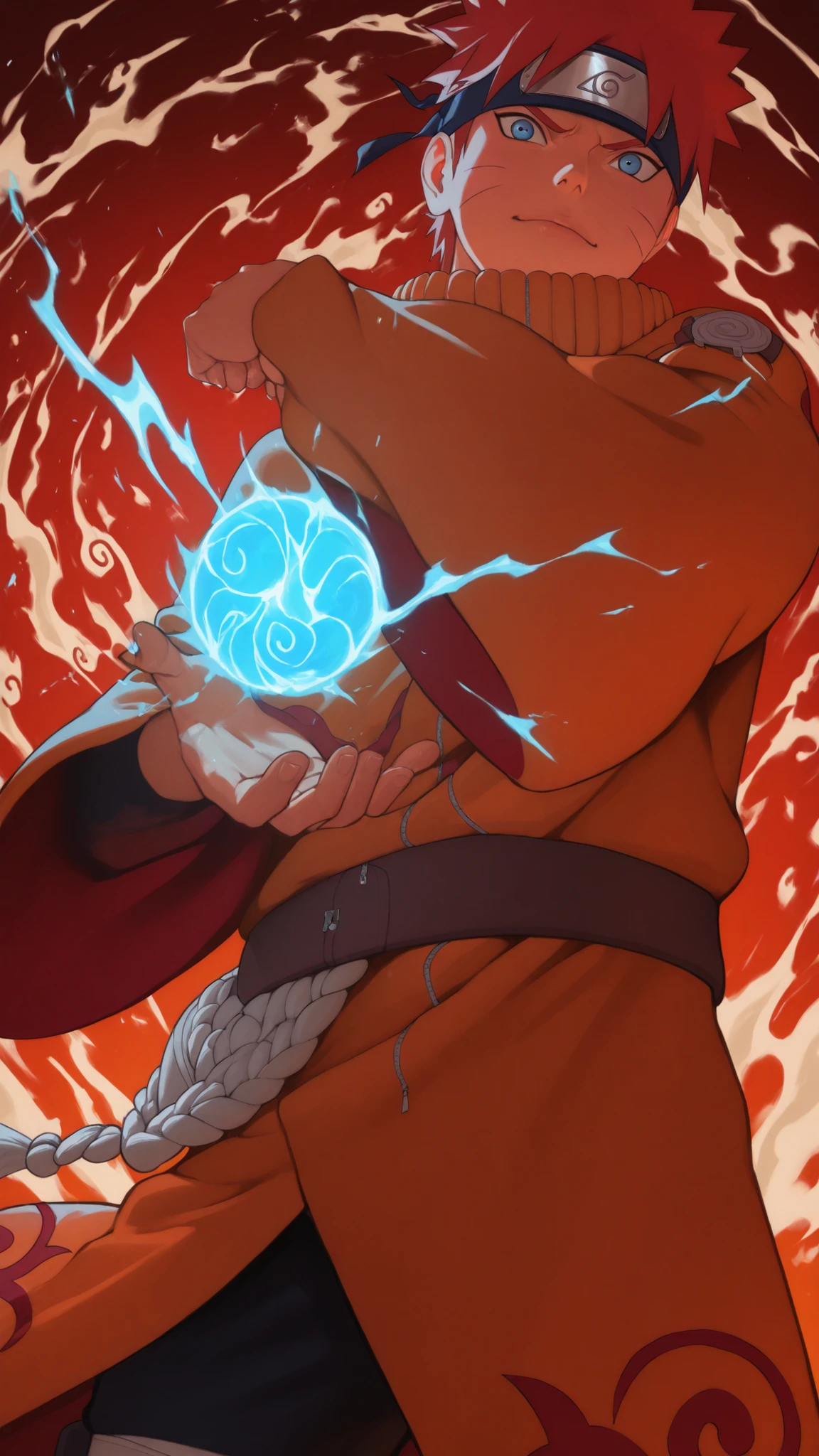 flat color, WaifuDiffusionStyle, neutral background, white splash stylized outline background, 1boy, ((uzumaki_naruto)), whisker_marks, red_hair, blue_eyes, stern_expression, orange_robe, brocade_patterns, wide_sleeves, high_collar, ornate_belt, crimson_gems, leather_boots, tall_stature, confident_stance, windswept_hair, stylized_art, warm_soft_lighting, holding huge blue rasengan of energy