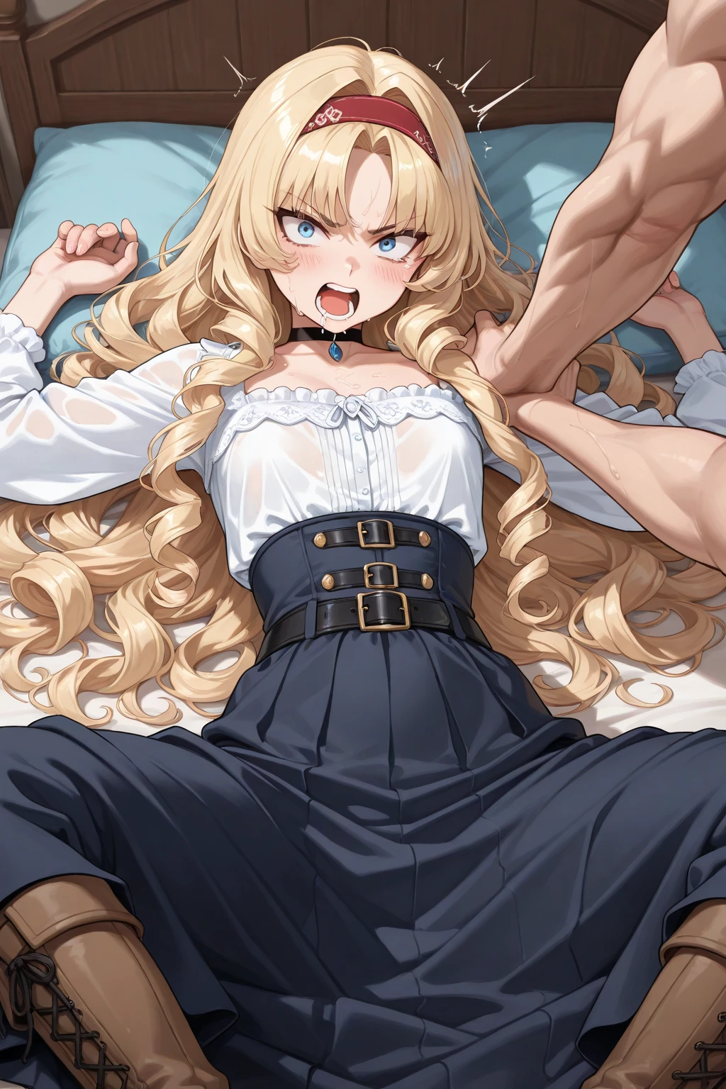 Anime style scene with a 21-year-old female character with a mature face, arching her back, and an adolescent boy whith the face in middle of her legsThe woman has long, waist-length, wavy blond hair, V bangs, and blue eyes, wearing a white blouse with a chocolate-colored corset over it, skinny tight blue jeans, and high boots. The boy has short dark hair, a slim build, and is wearing casual clothes. They are in a vibrant spring field at midday, with the boy's gaze focused on the woman, creating a dynamic and intriguing atmosphere.
