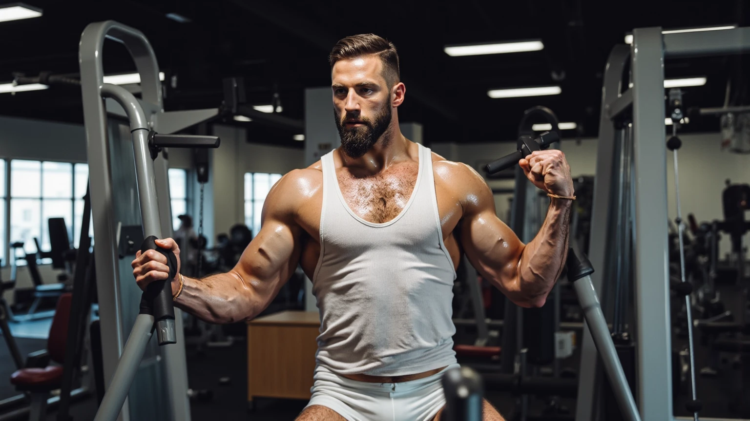 photo of a muscular hunk, (((hyper muscles))), (((massive pectorals))), (puffy nipples), (((large areolae))), nude, massive penis, erection, gym, surrounded by multiple men, realistic, masterpiece, intricate details, detailed background, depth of field,