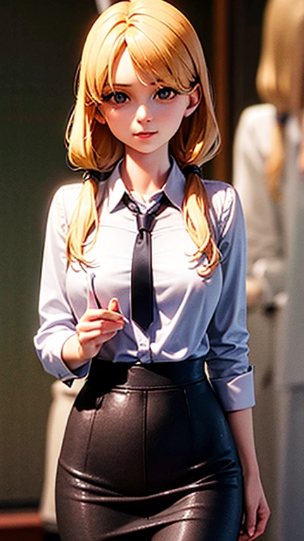 Blonde, skinny, glasses, brown eyes, black choker, white long sleeved shirt, blue skirt, freckles
