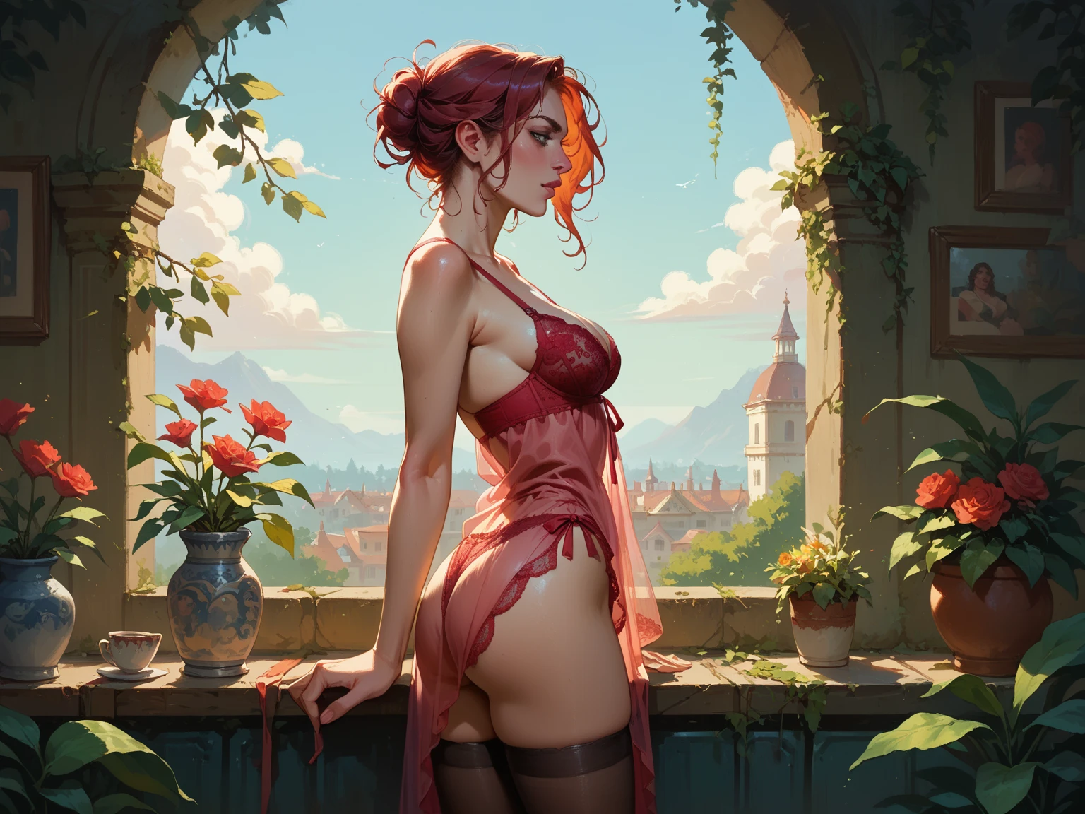 (high quality, ArtStation, fantasy art:1.2), (A beautiful thin girl, sitting on a ledge, from side), (long messy red hair), (black lace ornate bra), (lush roses garden)