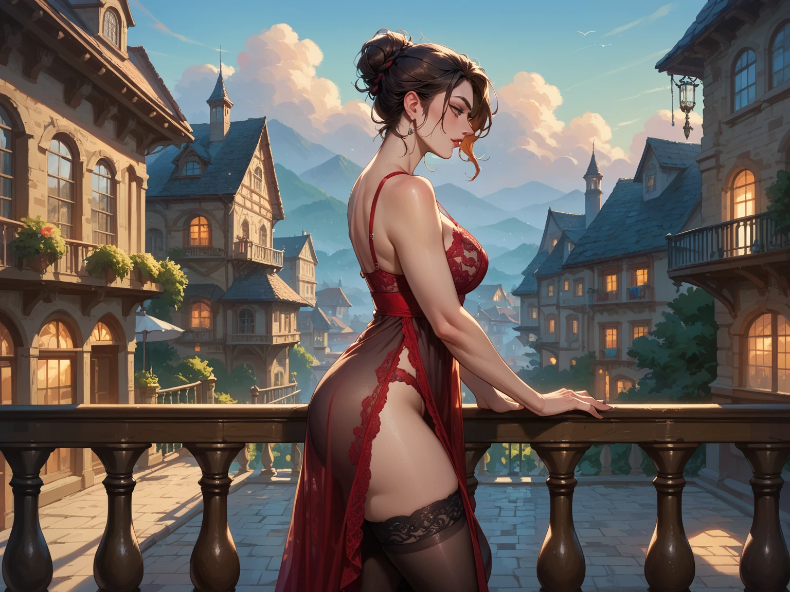 ((aeolian)), 1 ((young)) girl with a beautiful face and green eyes, slim body, Princess, full body view, wearing a black gown, no underwear, very long black hair, fantasy castle landscape, perfect bare feet, slim body, small breasts, naked, smiling, view from behind, bare butt, long legs