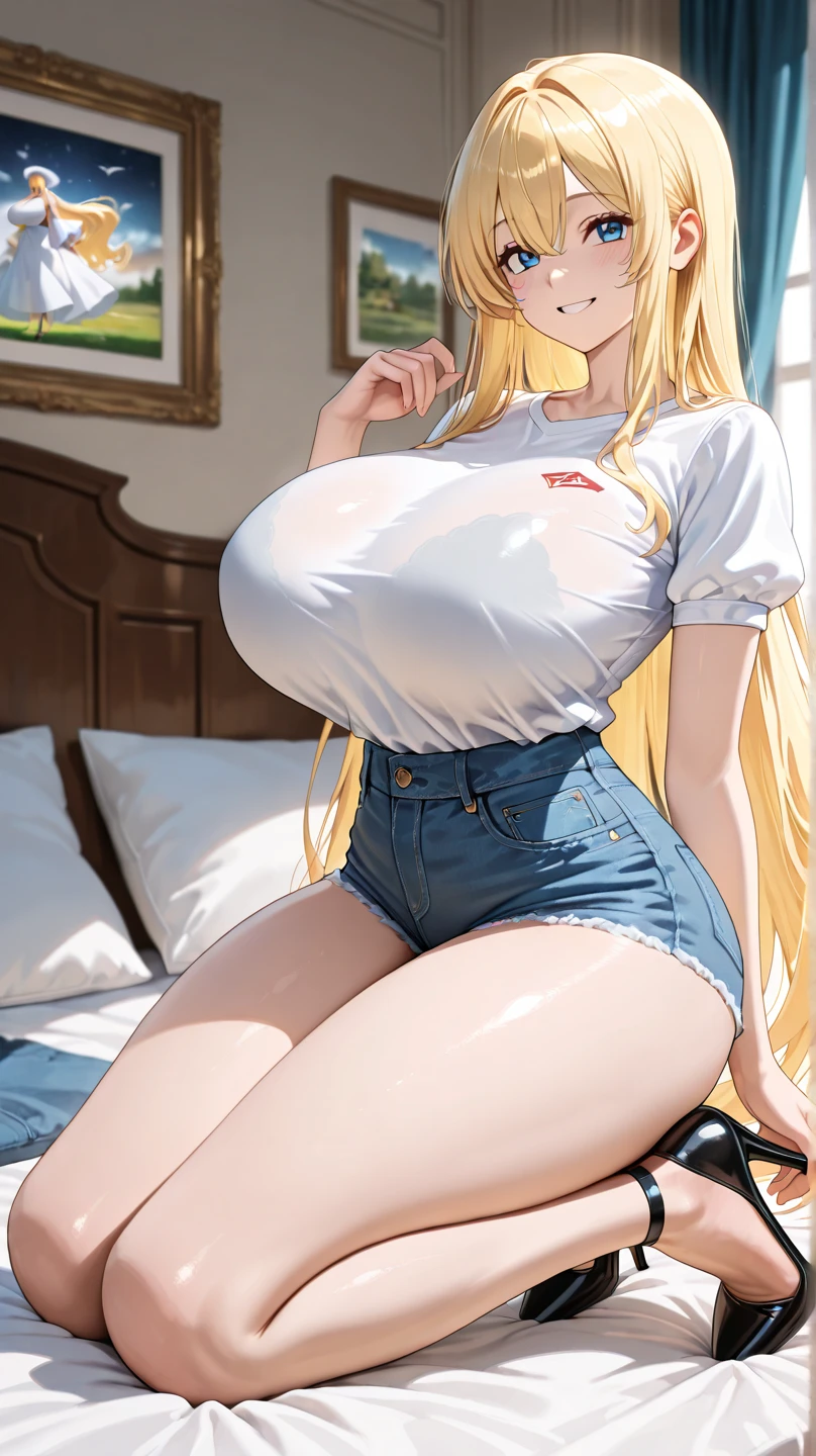 (masterpiece, best quality:1.2), 1girl, solo, big breasts, yellow hair, blue eyes, tight shirt, sexy, cute,  bigger than head, unrealistic boob size, cute, sexy, legs spread