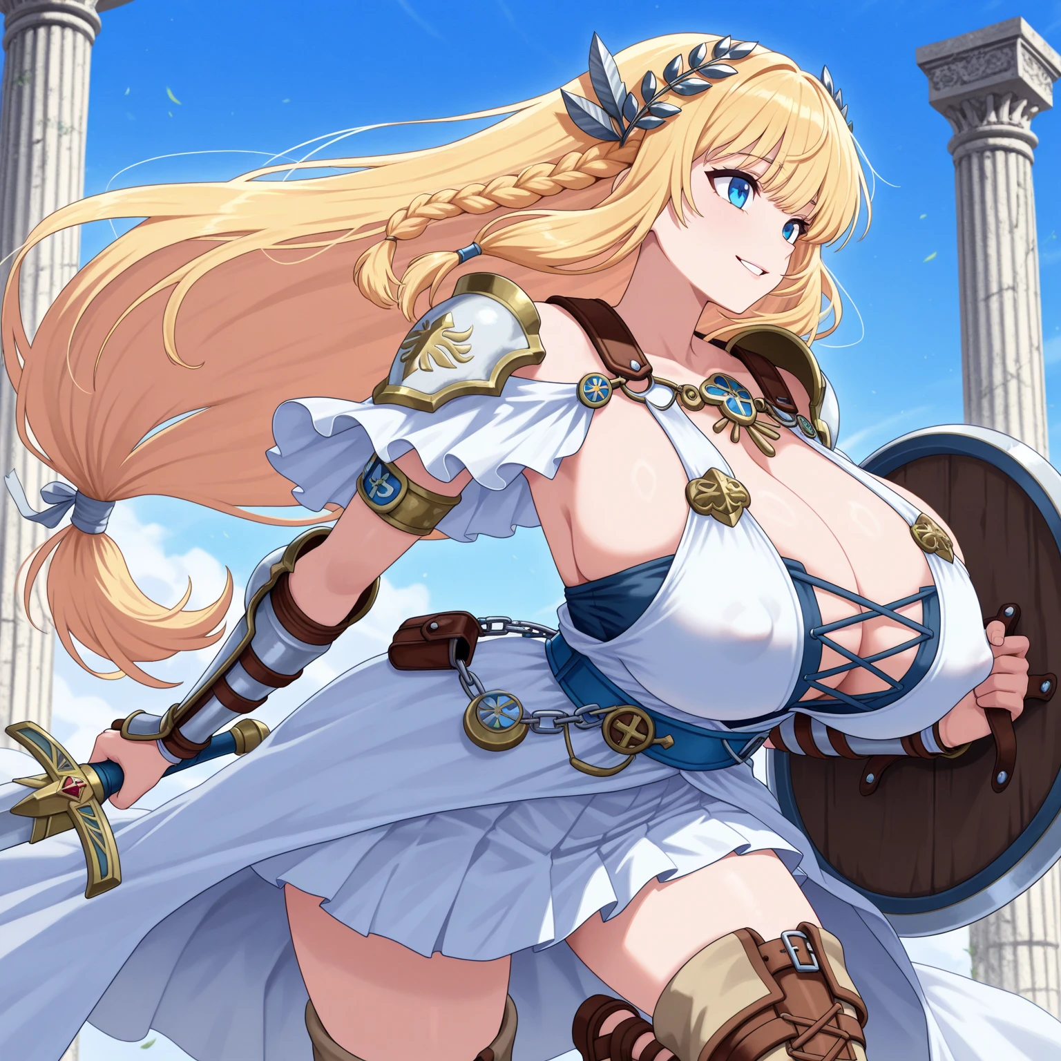 sensual, long blonde hair, thick thighs, 8K, 4K, highest quality, High resolution:1.2), cute anime face, noise reduction, shining blue eyes, gentle smile, gentle eyes、toned abdominal muscles, muscular arms, muscular legs, young face, anime eyes, (((big breasts、A chest that is about to burst)))、sophitia、sword、shield