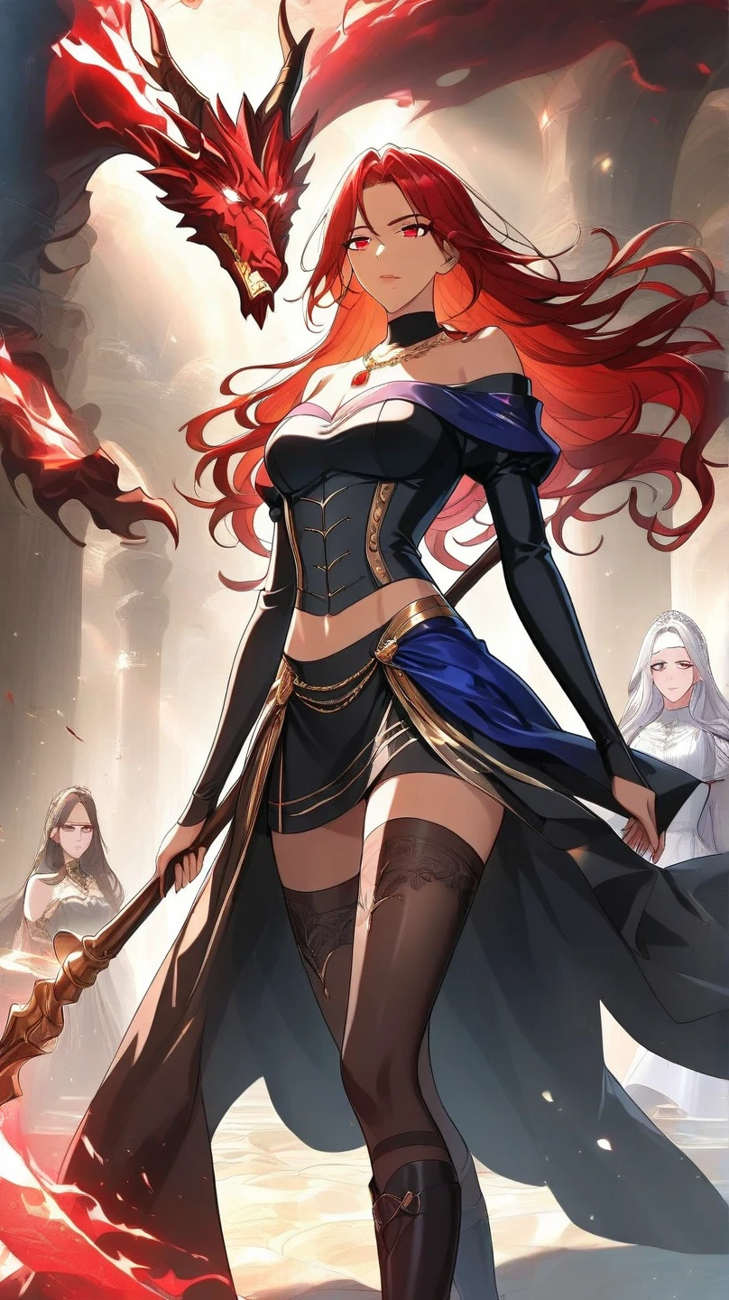 beautiful,red head, Dragon girl, black and gold dress, blue flaming sword, pose