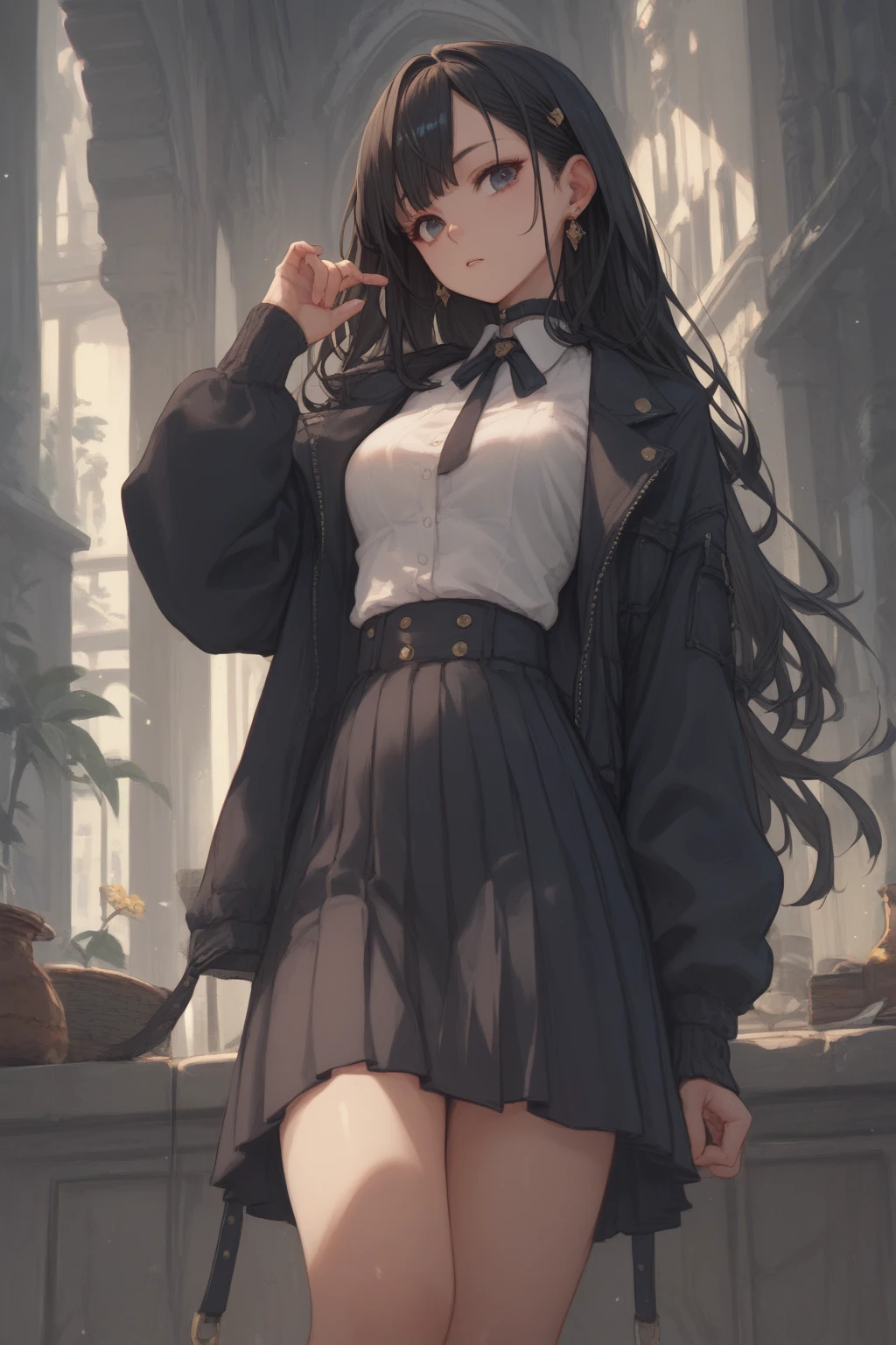 masterpiece, best quality, 1girl, solo, long hair, looking at viewer, skirt, black hair, school uniform, purple eyes, pantyhose, pleated skirt, horns, serafuku, cardigan, oni horns, open cardigan, black panty, floral lace undies, cameltoe, show panties, standing sexily, open legs, spread legs, miniskirt, lift skirt with both hands