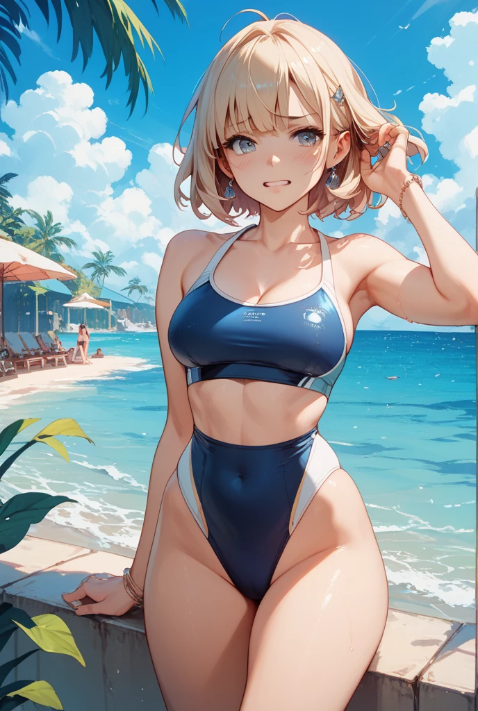 (NSFW:1.2), masterpiece, Highest quality, Ultra-high resolution, Highest Resolution, Very detailed, whole body, thin, very cute,、Complete limbs、Shining Eyes、Full Finger、Slender beauty、Blonde, Bun Hair、Embarrassed look、Writhing expression、Pink、Wear a school swimsuit、Glowing Skin、Knee-length、beach, tree, wind