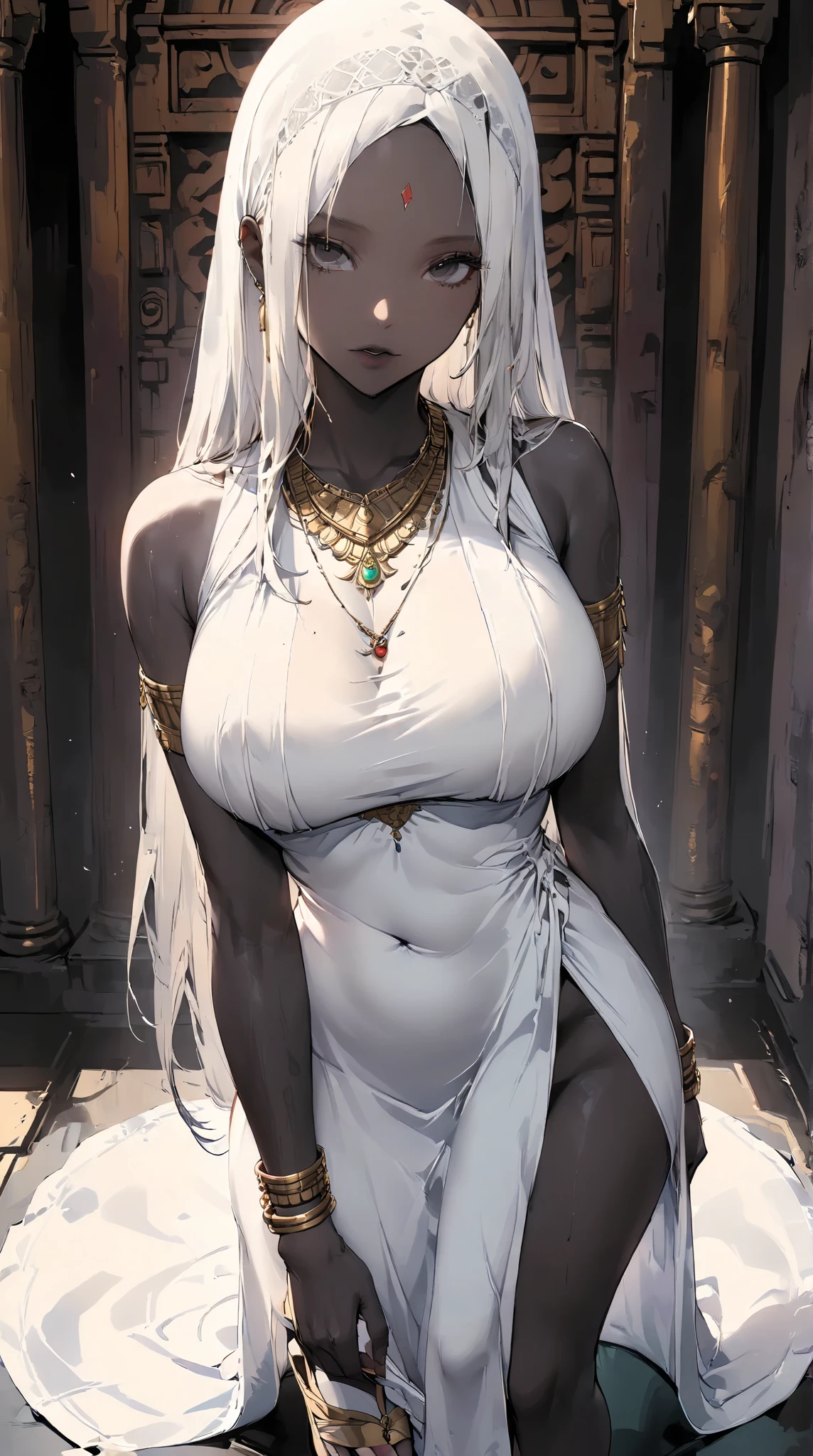 (masterpiece), best quality, highly detailed faces, (SHARP details), 4k, highly detailed, expressive eyes, SHARP detail expressive eyes, (SHARP detail perfect face), ((female gladiator)), ((dark skin)), (cat ears), (cat tail), ((platinum blonde hair)), (slave collar) amber eyes, long hair, tomboy, (mature woman), ((huge breasts)), smiling, ((harem girl)), (oriental ((slutty harem outfit)), (white see-through silk), (rich arabic interior), oriental harem, (draped silk top), wide hips, sitting on multiple harem pillows,