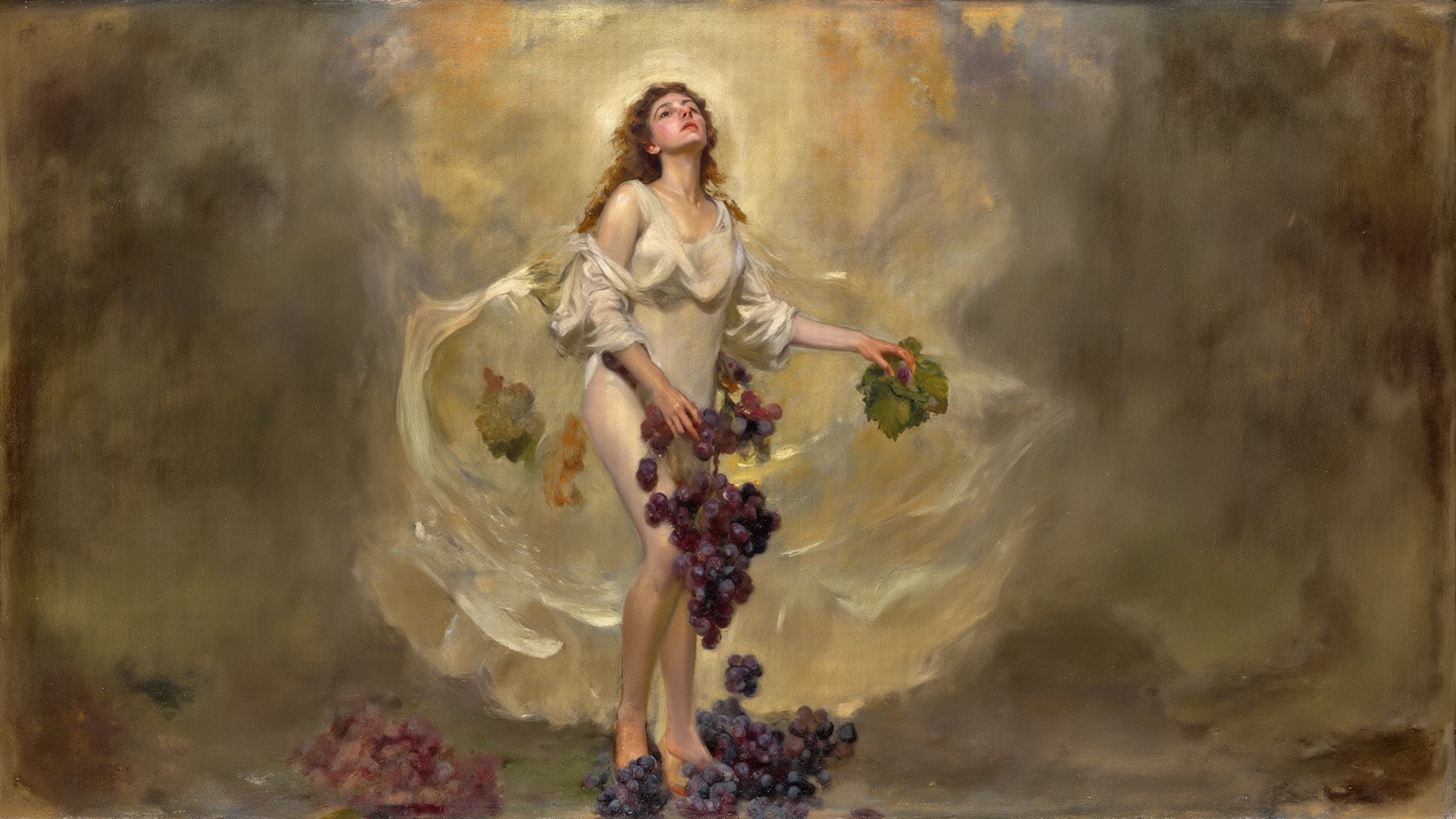 Image of a naked woman, black hair, slender big , portrayed in a lush oil painting style with dynamic, rich strokes and a palpable thickness of paint evoking a sense of movement, set against a beautifully rendered vineyard bathed in golden sunlight. The composition merges historical elegance with contemporary sensuality, emphasizing the graceful curves and form of the body, while the background features sprawling grapevines and soft hills that add depth and warmth, creating an inviting and harmonious atmosphere.