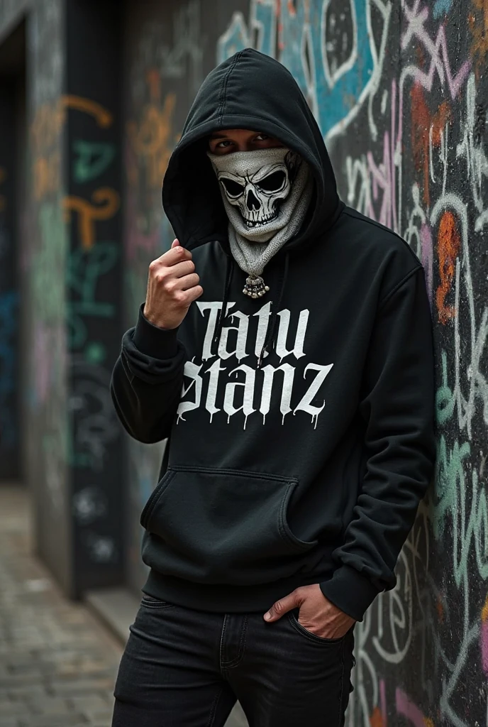 Generate a full-body image of a 20-year-old boy wearing a black hooded sweatshirt and a scary mask that covers his entire face with his name on the chest "Maikol" and its background is very attractive with a city like a red hell