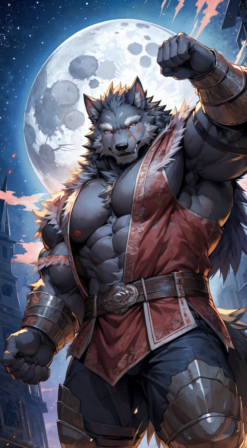Title: "Moonlit Combat: The Werewolf Warrior"
Art Prompt:
In the heart of a moonlit night, amidst the hazy glow of ancient ruins, a scene unfolds at the martial arts fighting pits. Here, under the watchful gaze of the full moon, stands a formidable figure, a werewolf unlike any other.
Picture a werewolf with a human bodybuilder's physique, muscles rippling beneath a thick fur coat that shimmers silver in the moonlight. Its eyes burn with an intense focus as it stands poised at the center of the fighting arena, ready to unleash its martial prowess upon any challenger.
The scene is dynamic, filled with energy and tension. The werewolf's body is depicted with dramatic foreshortening, emphasizing its powerful stance and the forceful nature of its movements. Its limbs are coiled like springs, muscles taut with anticipation as it prepares to engage in combat.
Surrounding the werewolf are the martial arts fighting poles, tall structures adorned with intricate carvings and symbols of ancient warrior traditions. The poles cast long shadows across the arena, adding depth and drama to the scene.
In the background, silhouettes of onlookers can be seen, their faces obscured by shadows as they watch the spectacle unfold with a mix of awe and apprehension. Some cheer on the werewolf, while others hold their breath in anticipation of the impending clash.
Above it all hangs the full moon, casting its ethereal light upon the scene below and bathing the werewolf in an otherworldly glow. Its presence looms large, a silent witness to the primal dance of combat unfolding beneath its watchful gaze.
In this moment, amidst the ancient ruins and the swirling mists of the night, the werewolf stands as a symbol of raw power and untamed ferocity, a testament to the indomitable spirit of the wild.