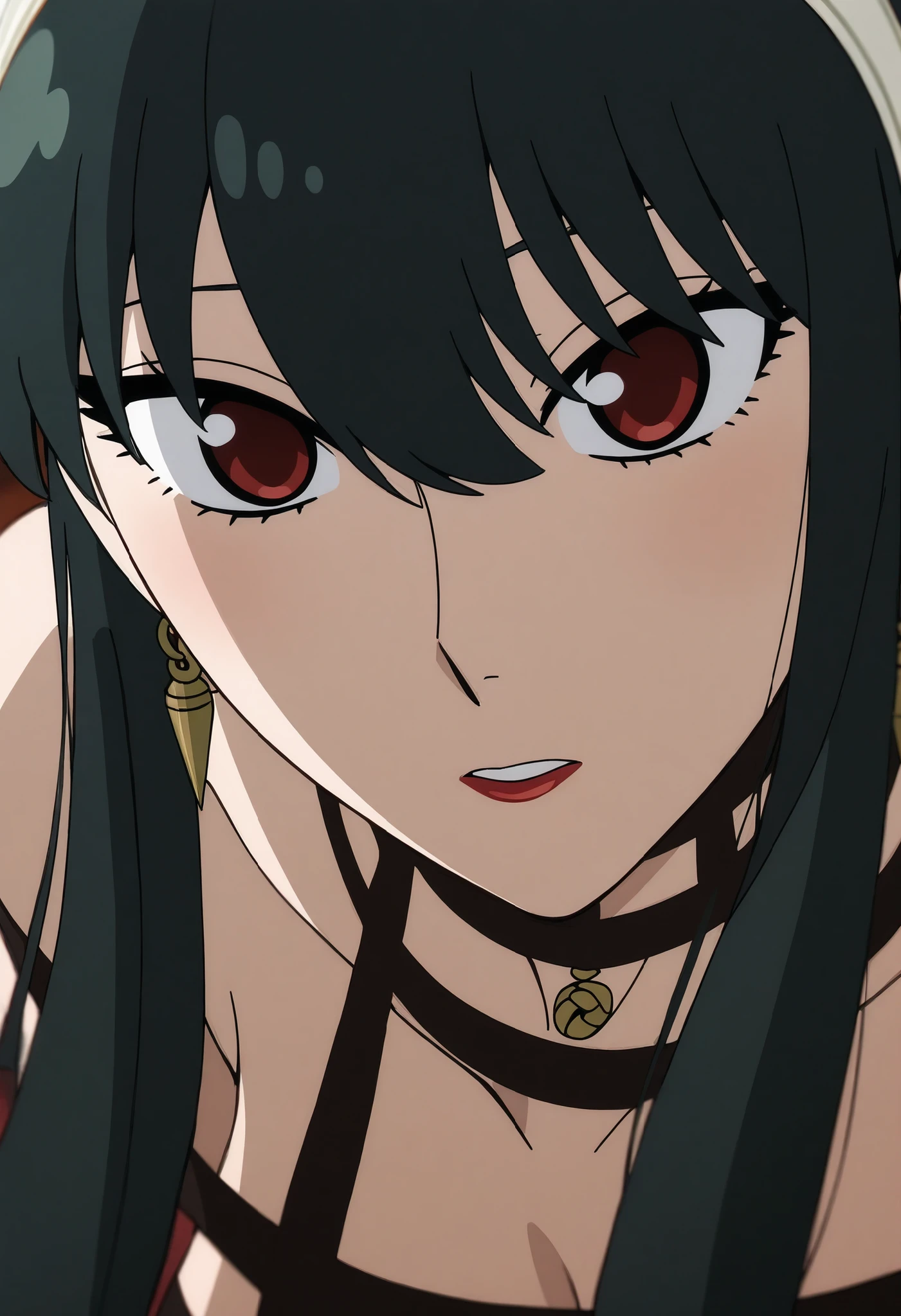 1girl, yor briar, red eyes, black hair, hairband, white hairband, sidelocks, long hair, large breasts,sharp eyes,red cheeks, aggressive female, handsome girl, red lipstick , looking at viewer from above twords below, close up to her face