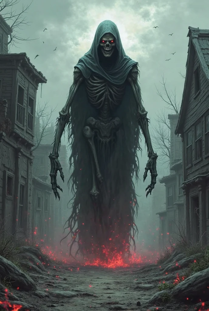 Man who lives in the cemetery collecting souls, his extremely tall and hunchbacked body, wears black cape, his skeletal face covered by the cloak, the body covered in rotting flesh looking like a zombie, has long horns on its head, your long fingers look like claws