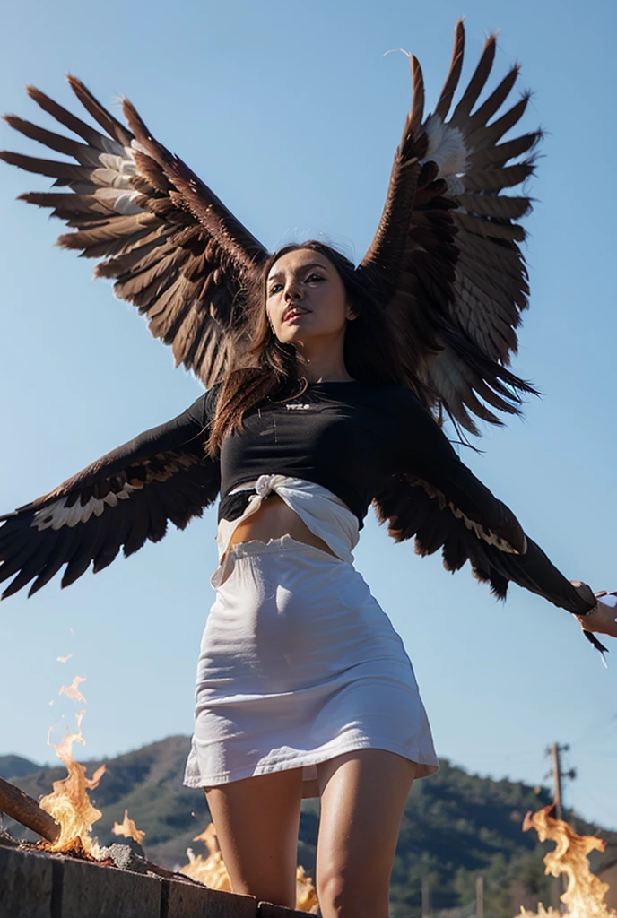 Photorealistic,a girl, combination devil and angel, standing on a cloud,