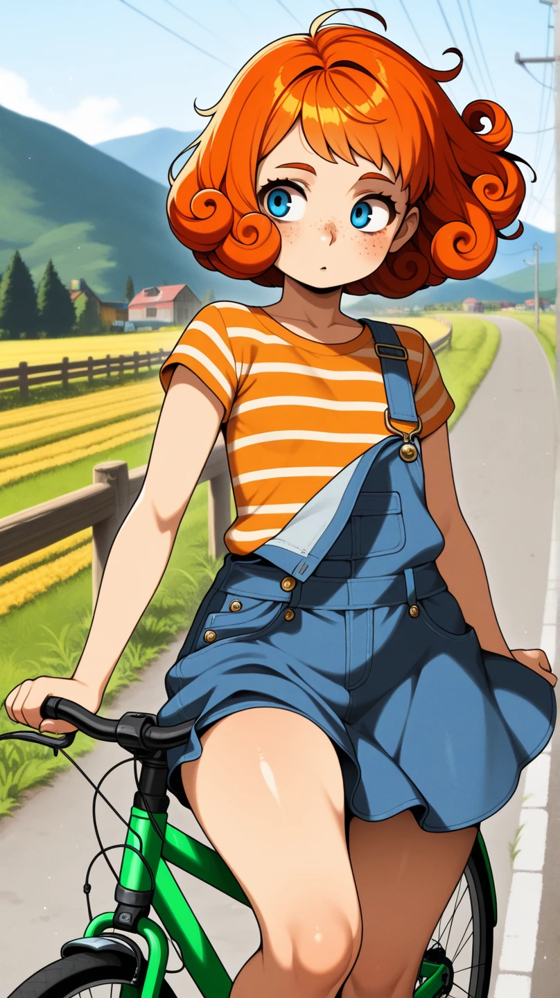best quality, super fine, 16k, incredibly absurdres, extremely detailed, 2.5D, delicate and dynamic, a beautiful woman of 40 years, mature woman, red hair, brown eyes, downturned eye shape, black eyebrows, strong eyebrows. High cheekbones, strong chin. Freckles. Large breasts. Wearing a white blouse, tweed skirt. Riding a bicycle across beautiful English countryside.