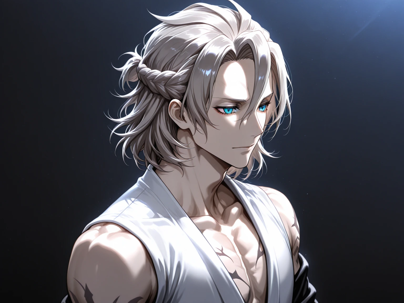 High quality, best quality, high resolution, male, muscular, 2d anime style, topless, like geralt of rivia