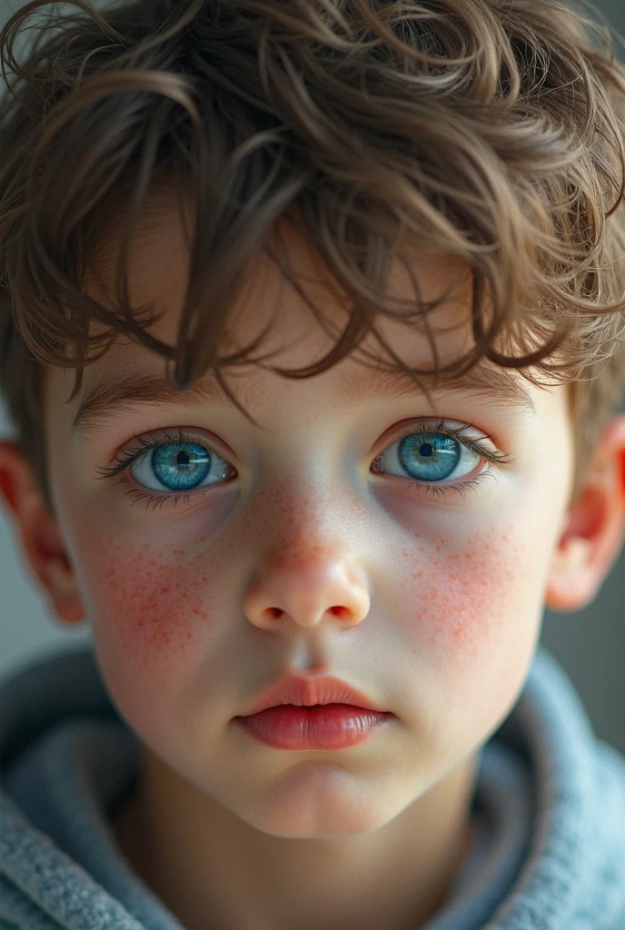 4k, details,10 years old boy light brown hair, grey light blue eyes, big mouth, freckles, fine boy, headshot, leaving room blurred background
