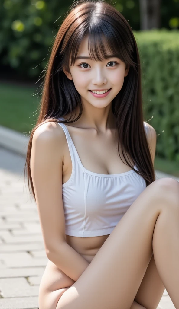 masterpiece, best quality, Surreal, Ultra Detailed, 8k resolution, RAW photos, Clear focus, (A girl in the forest), ((light gray shirt)), sleeveless, sports Shorts,Full body posture, Solitary, Perfect body, Become a, Bangs to eyebrows、Beautiful brown hair、Beautiful and delicate eyes、Brown eyes、Raise an eyebrow、Bangs to eyebrows、Beautiful brown hair、Beautiful and delicate eyes、Brown eyes、Raise an eyebrow、High Nose、Small nostril、Little mouth、Tempting lips、Mouth slightly open、Beautiful breasts、Full body、Oval face,Phoenix Eyes,Eyebrow, Both eyes, Both eyes皮, Long eyebrows, Long eyelashes, A faint smile,Stand up,
32 inches in the chest,(a charming smile:1), (sexy pose),26 years old, light,White shoes