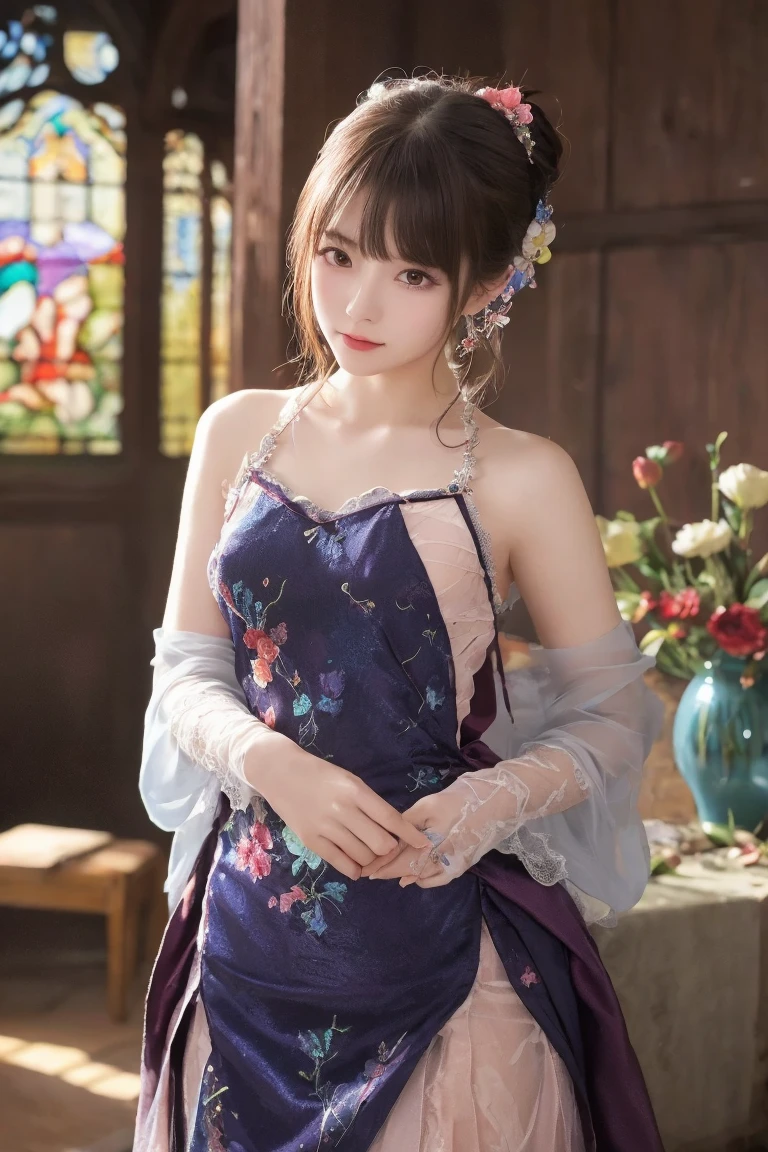 orchid wedding dress,purple short skirt,woman,japanese,cute face,pretty face,bare shoulders,shoulders slightly exposed,black eyes,black hair,(photorealistic:1.4),realistic details, high resolution,bokeh,outstanding details