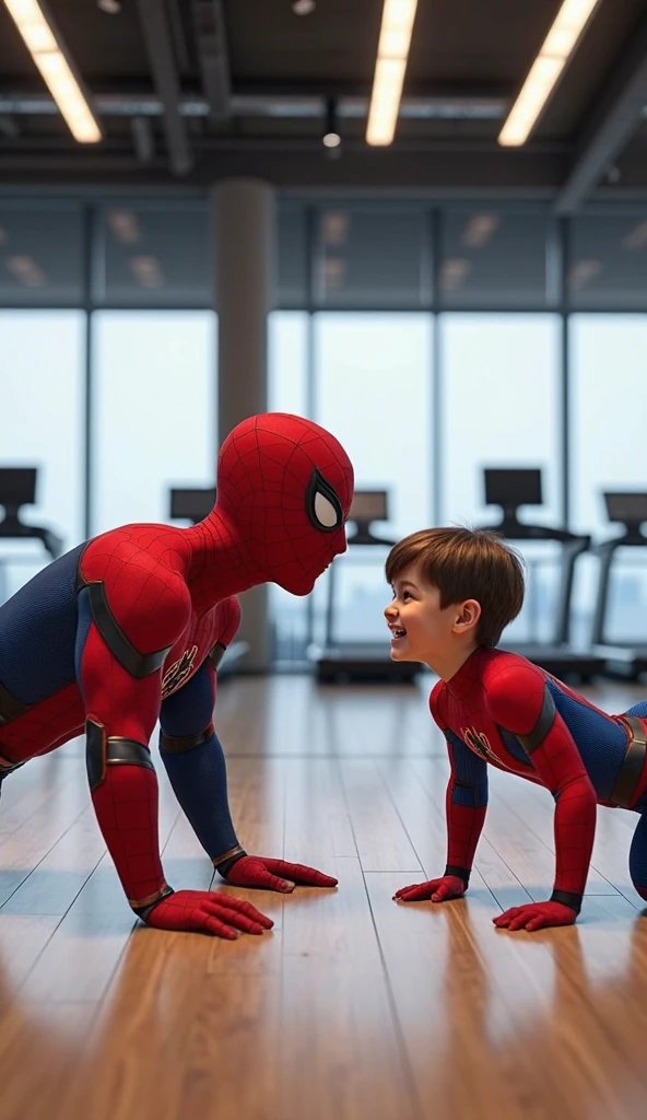 A spiderkid doing push ups at gym with ironman