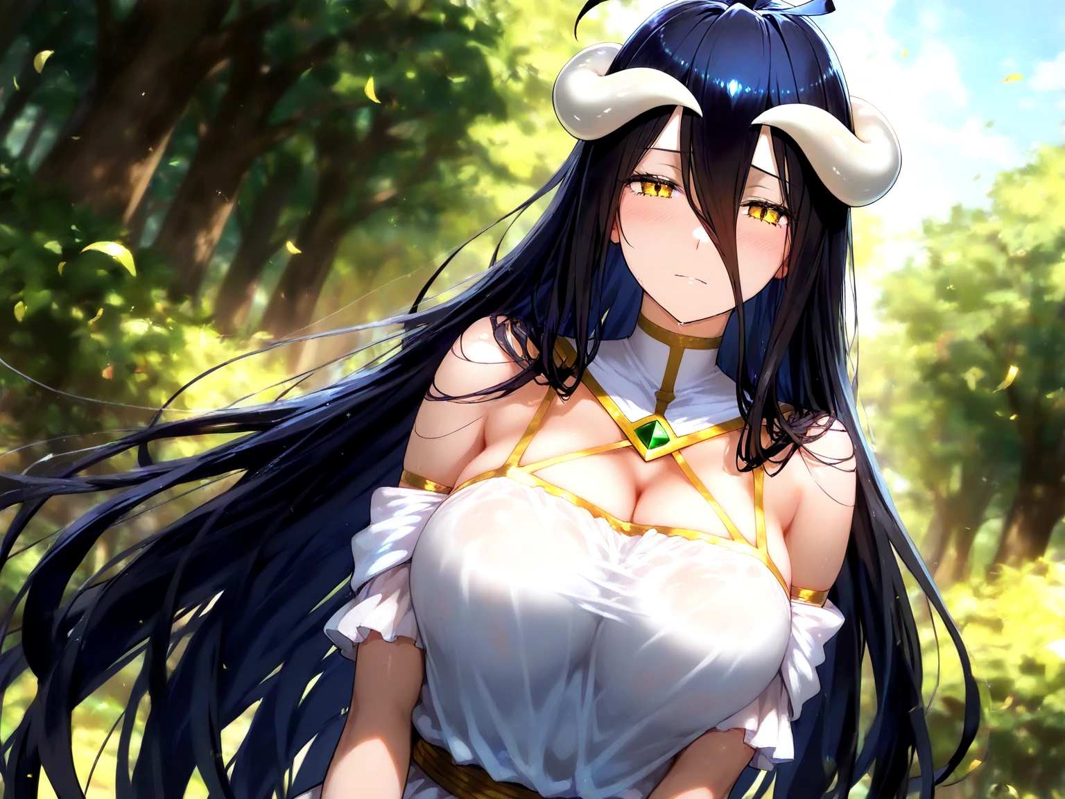 (hews art style:0.7), score_9, score_8_up, score_7_up, score_6_up, uncensored, albedo, long hair, black hair, horns, demon girl, demon horns, albedo (overlord), hair between eyes, yellow eyes, slit pupils, BREAK (masterpiece:1.2), best quality, high resolution, (illustration:0.8), (detailed eyes:1.3), perfect lighting, extremely detailed CG, (perfect hands, perfect anatomy),  latex bikesuit, solo, nature,  outdoors, standing, forest, looking_at_viewer, water, blurry, tree, blurry_foreground, water_drop, rock, depth_of_field, 