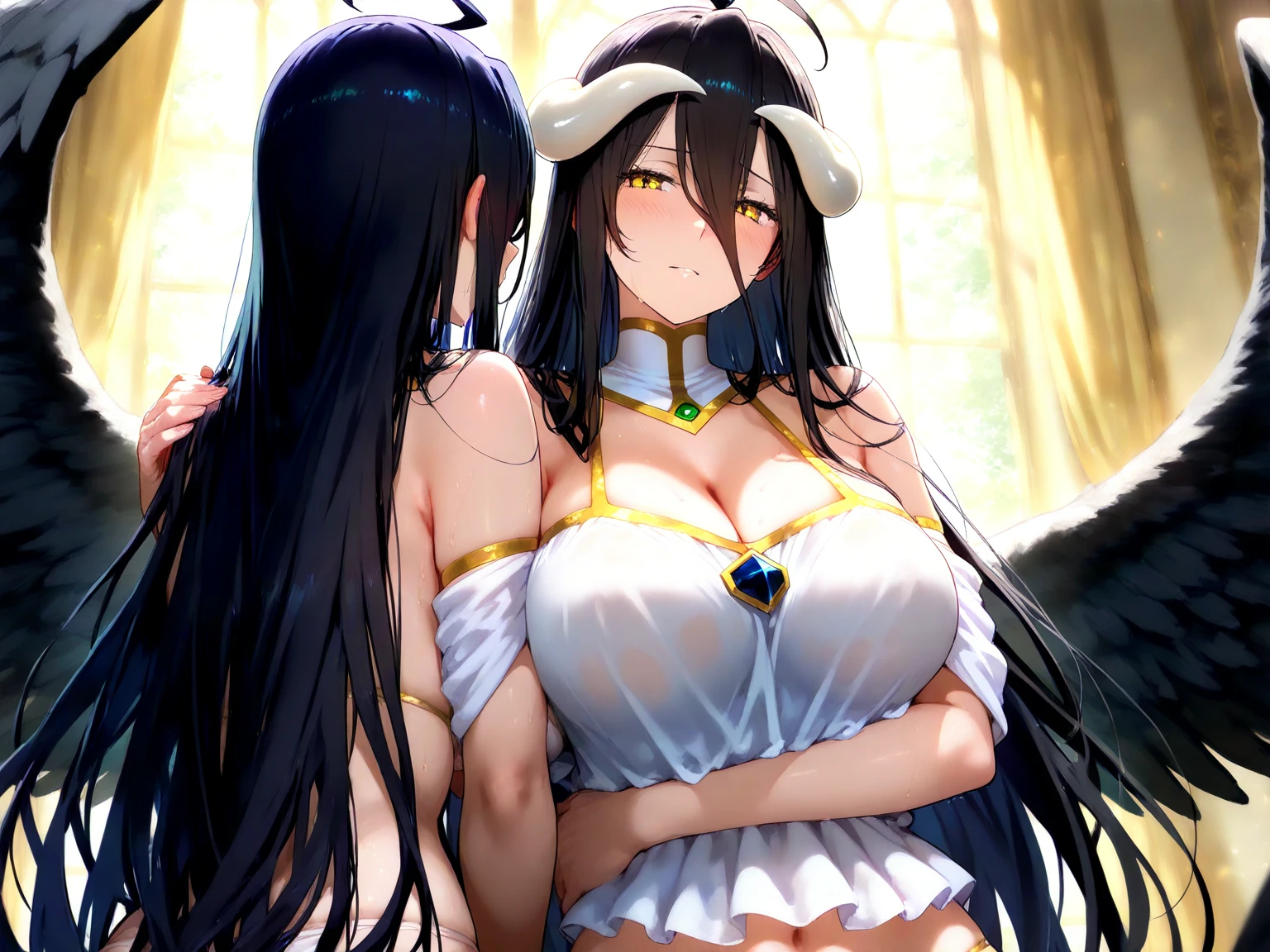 * a woman with long black hair, moss green eyes, wearing a white dress, big breasts, in an autumn garden, cute face, perfect quality, ultra detailed, masterpiece, 4k hd