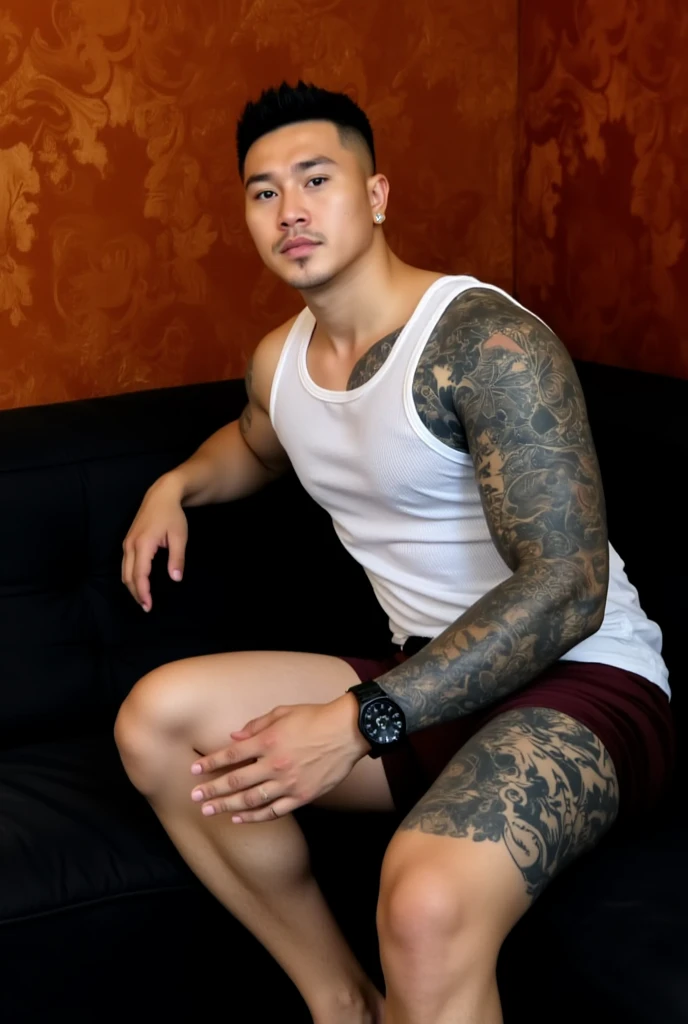 A young Thai father with gray hair, a gray mustache, a muscular body with a big cock sits in an orchard.