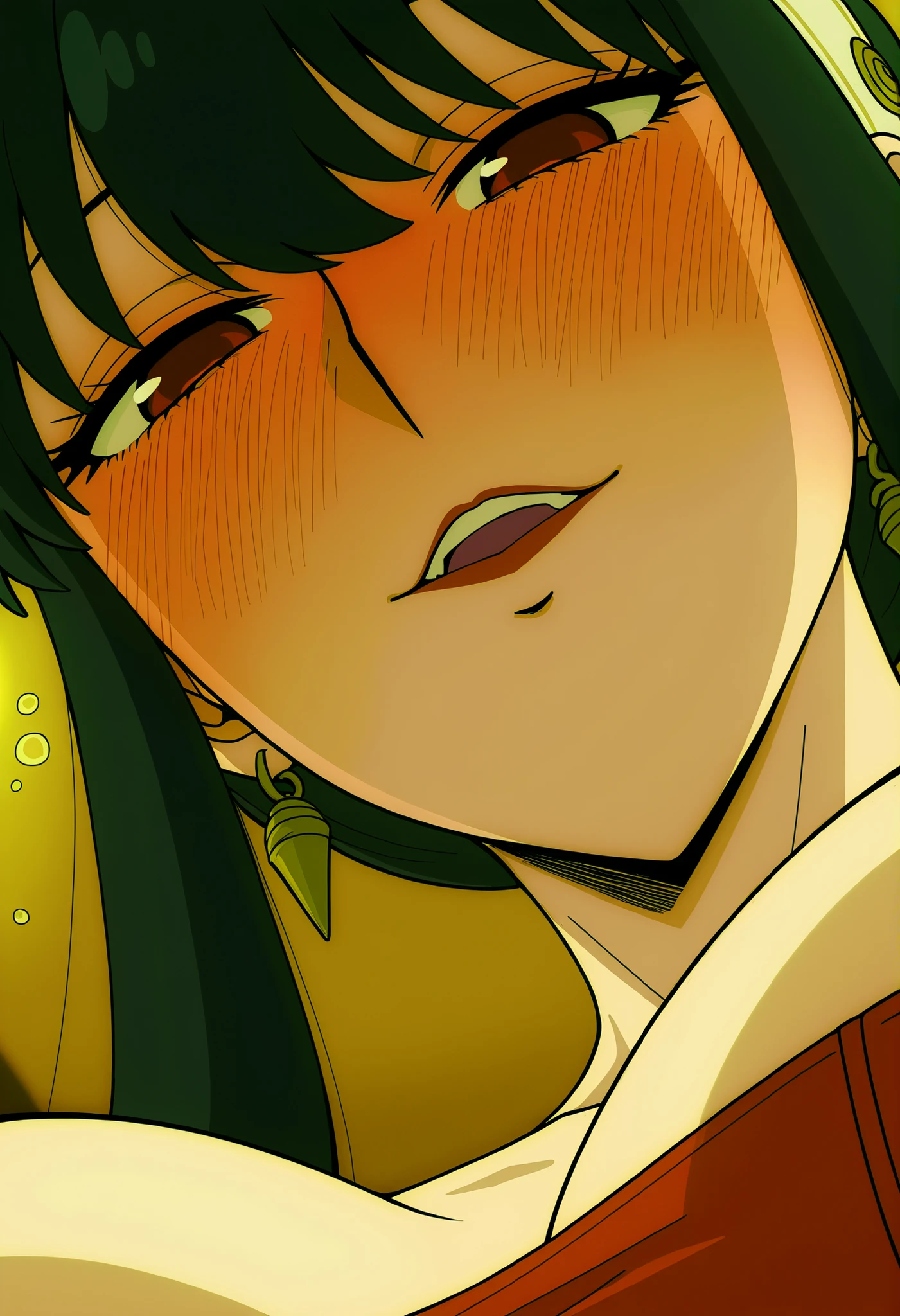 1girl, yor briar, red eyes, black hair, hairband, white hairband, sidelocks, long hair, large breasts,sharp eyes,red cheeks, aggressive female, handsome girl, red lipstick , looking at viewer from below twords above, close up to her face,a gentle, red cheeks,drunk,Her cheeks are deeply flushed, shinny eyes, badass