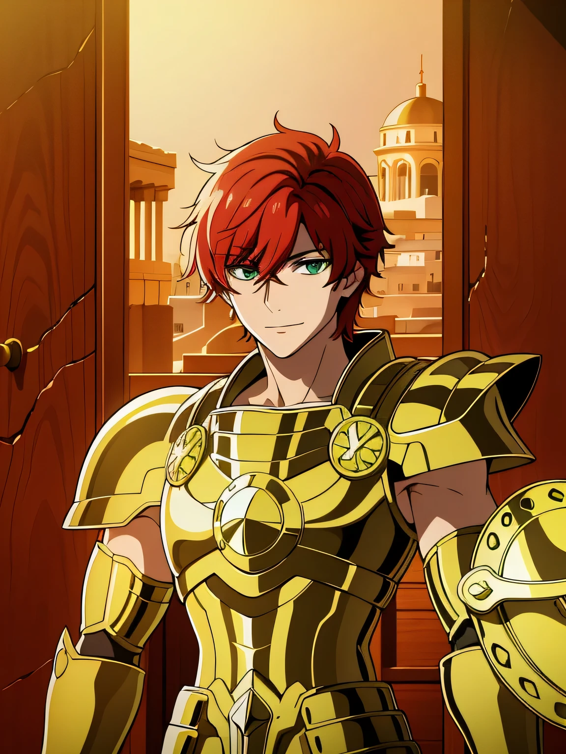 (high-quality, breathtaking),(expressive eyes, perfect face) 1boy, male, solo, red hair, short hair length, green eyes, positive expresion, greek background, portrait, symmetrical eyes, LibraArmor, aarmor, arm_shield, god_cloth, helmet narrow eyes, half open eyes, upper body, charming smile