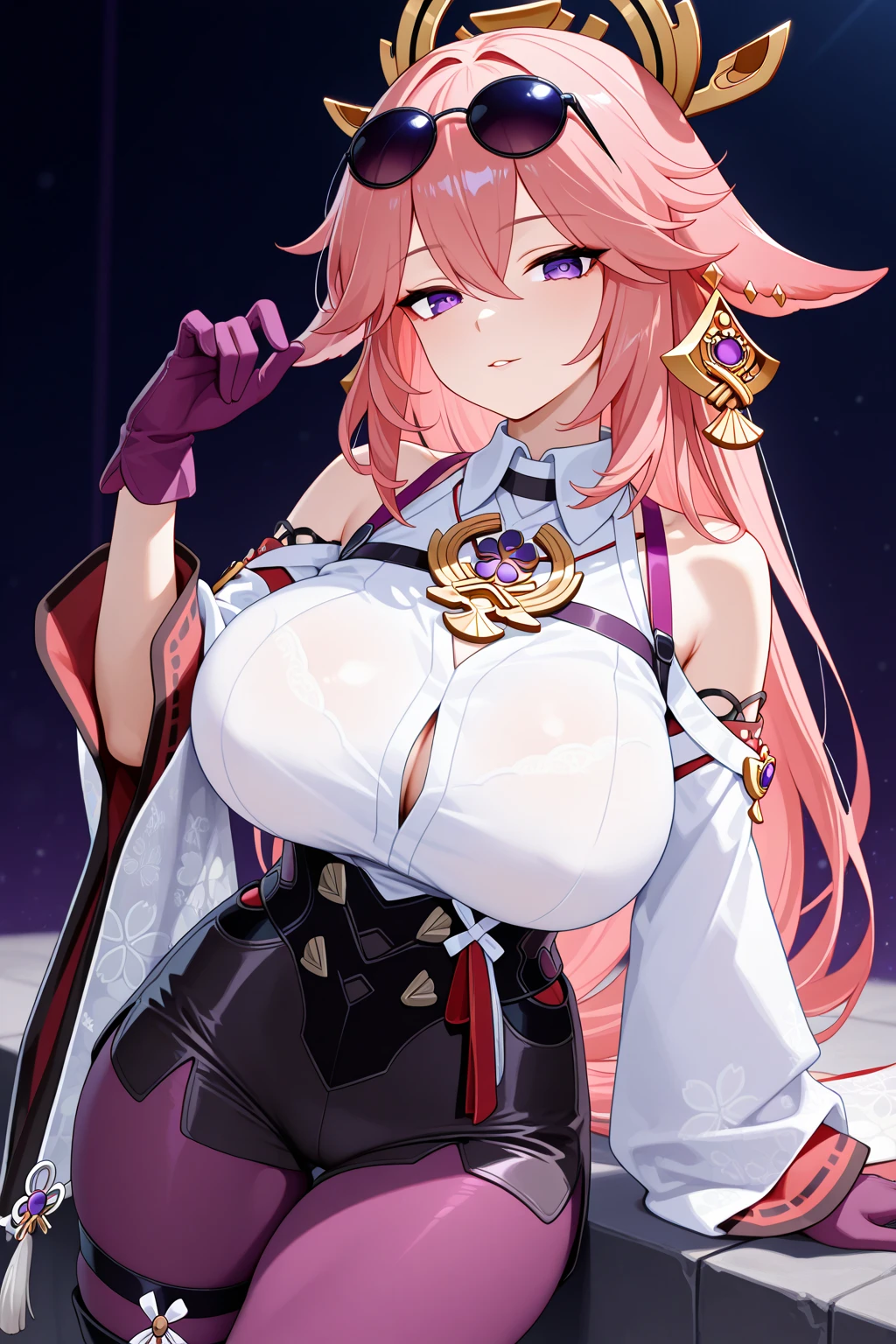 young girl, long pink hair, Fox ears, Heterochromia, left white and right purple eye, Purple kimono, open shoulders, large breasts, Smile, Masterpiece, hiquality