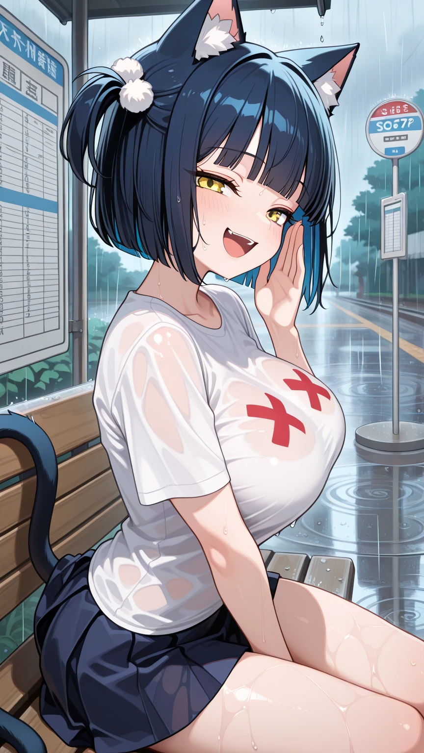 kirisaki kyouko, , bob cut, short hair, black hair, purple eyes, , empty eyes , large breasts, solo, nipple, ride a bicycle, Heavy snowfall area　Freezing wet crying