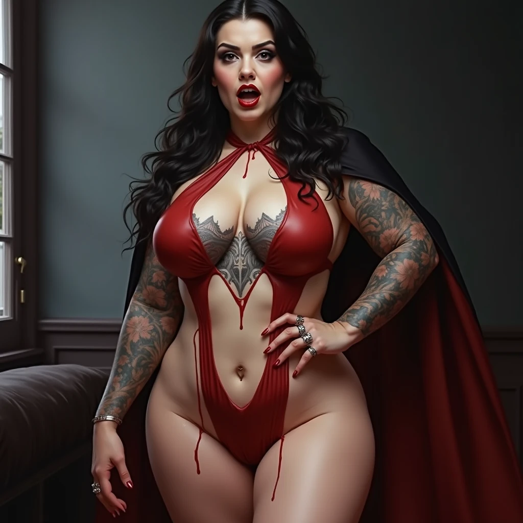 Paint a large-scale oil painting depicting a powerful, voluptuous demoness queen giantess in a dramatic Baroque style. The giantess should have an exaggerated hourglass figure with full, fleshy curves and a heavy, muscular physique. She should be posed in a dynamic, twisting contrapposto stance, with one leg bent and her weight shifted to the side.
The demoness queen should be adorned with dark, demonic features like horns, claws, and glowing red eyes. Her skin should have a pale, ghostly pallor. Dress her in minimal, tattered clothing that accentuates her curves, like a torn, flowing dress or loincloth.
Set the scene in a dark, moody landscape with a stormy sky. Have the giantess towering over the viewer, looking down with a haughty, imperious expression. Surround her with smaller, terrified human figures cowering at her feet.
Use bold, energetic brushstrokes and a rich, vibrant color palette of deep reds, purples, and blacks to create a dramatic, sensual atmosphere. Emphasize the giantess's voluptuous flesh tones and the interplay of light and shadow across her body.
Channel Rubens' signature Baroque style with dynamic movement, exaggerated poses, and a focus on the beauty and power of the female form. Aim to create a striking, memorable image that captures the demoness queen's awe-inspiring size and dominating presence.