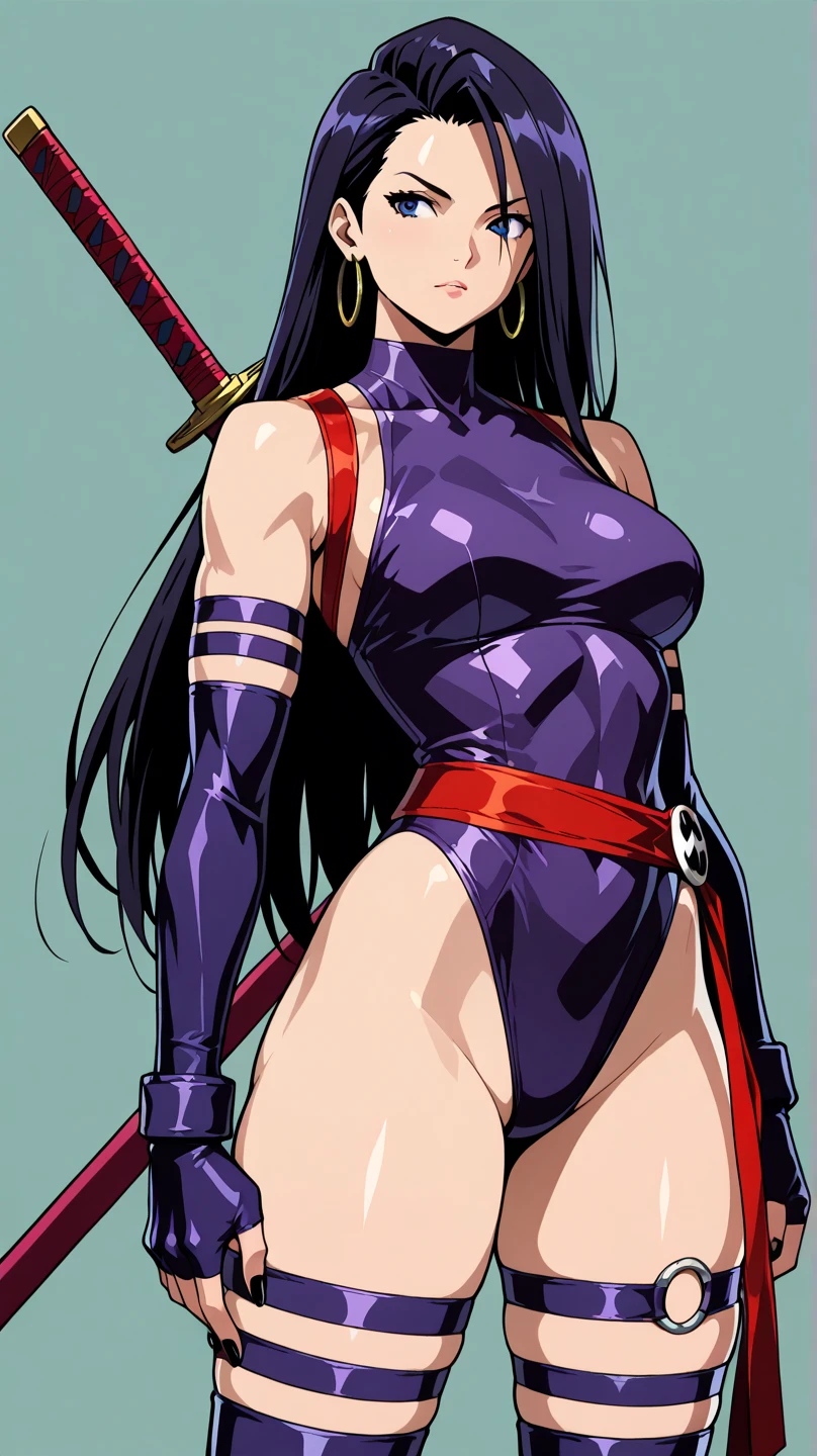 Psylocke with big breasts and beautiful legs stands with a smile。blush。
