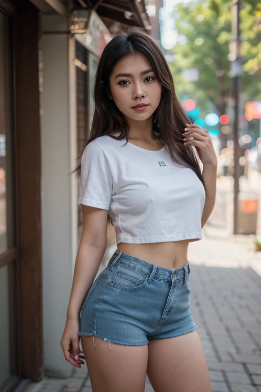 foto de cuerpo completo.Las mujeres tailandesas tienen hermosas, claro, caras suaves, ojos afilados, narices prominentes, labios regordetes, y largo, pelo rubio que fluye..Use una cintura alta, cuello ancho, camisa ajustada y pantalones cortos.